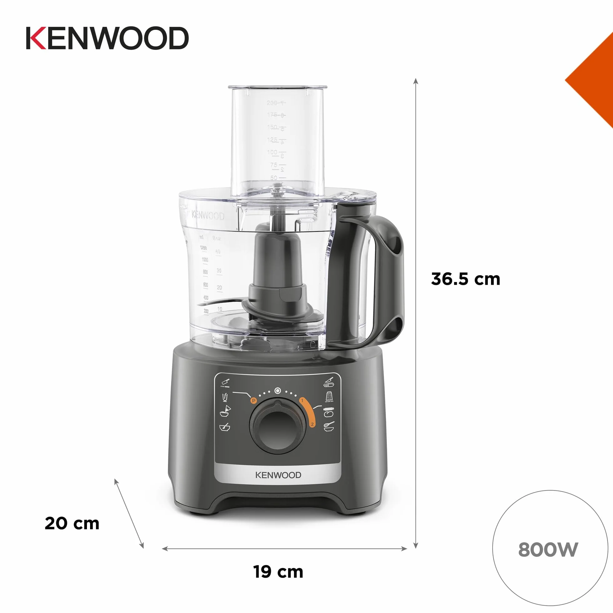 Kenwood Multipro Compact FDP31.170GY Robot do rozdrabniania z 2 prędkościami + puls w zestawie 1,2 l, miska 2,1 l, do siekania, tarcia i ugniatania, 800 W