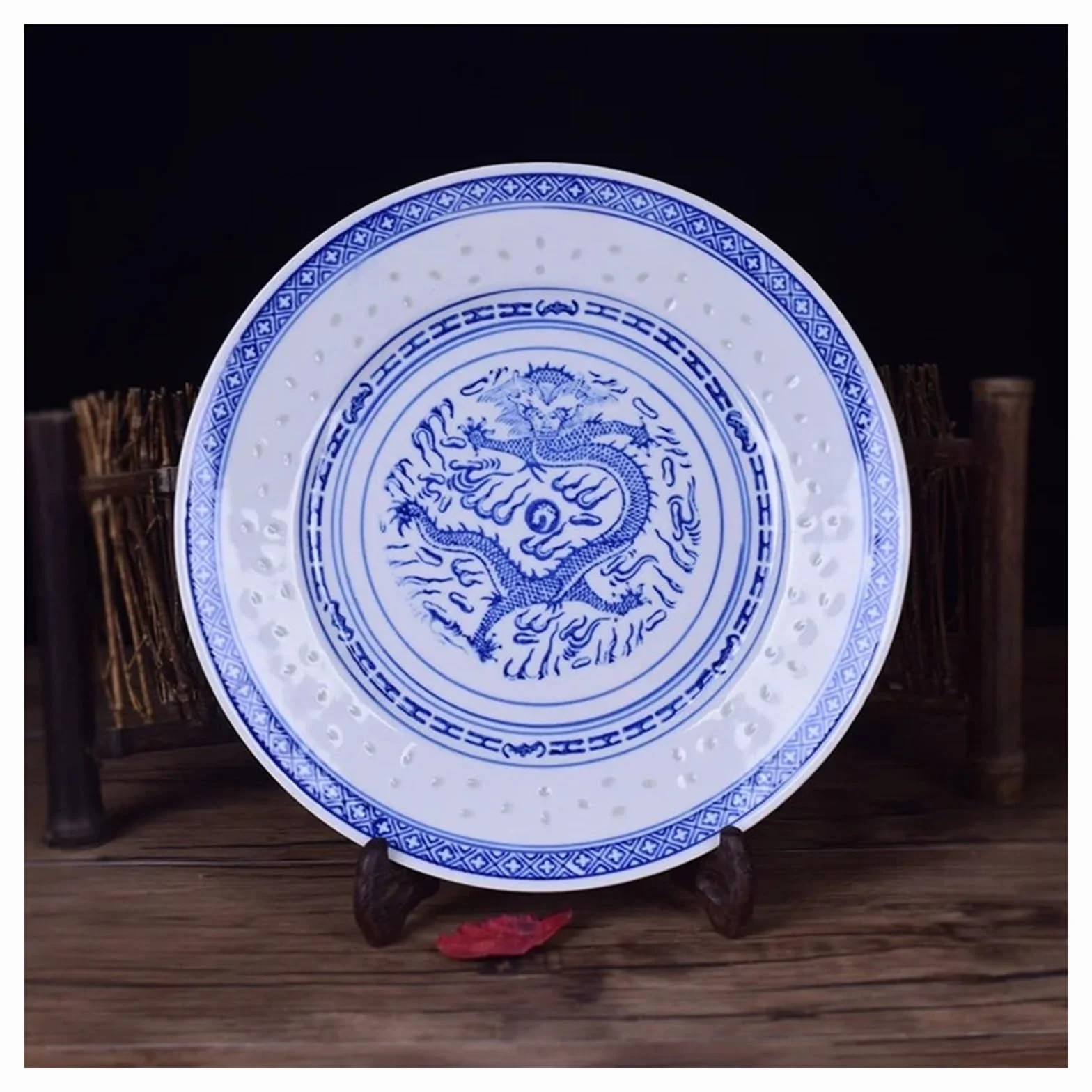 Chiński Płaski Talerz Niebiesko-biały Porcelanowy Obiadowy Ceramiczna Staromodna Zastawa Stołowa Smok Taca Na Jedzenie WyjąTkowe Obrazy(8-inch)