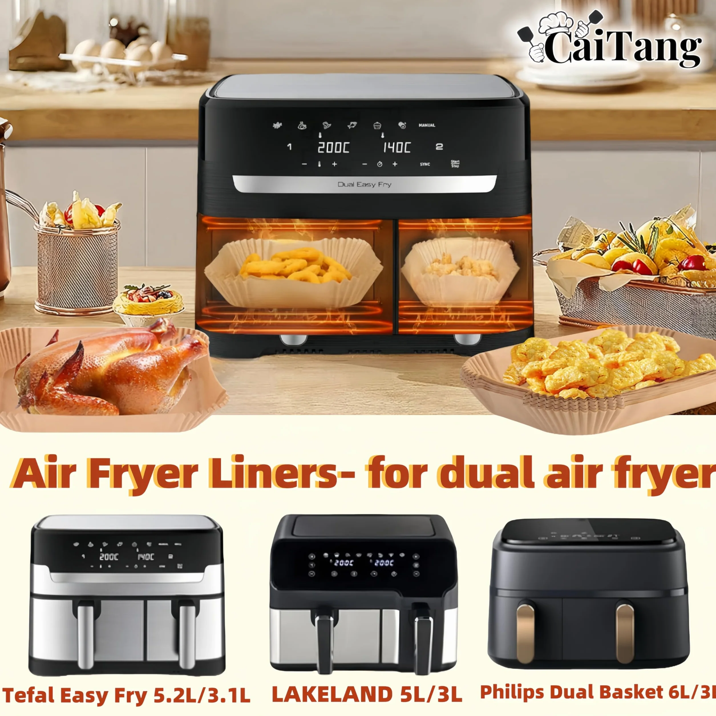 120szt Papier do smażenia do Philips Airfryer 3000 Series, papier smażenia Philips Dual Basket Airfryer 9 Litres NA35000, papier do smażenia Air Fryer do Moulinex EZ901820, 60szt+60szt, 6L+3L