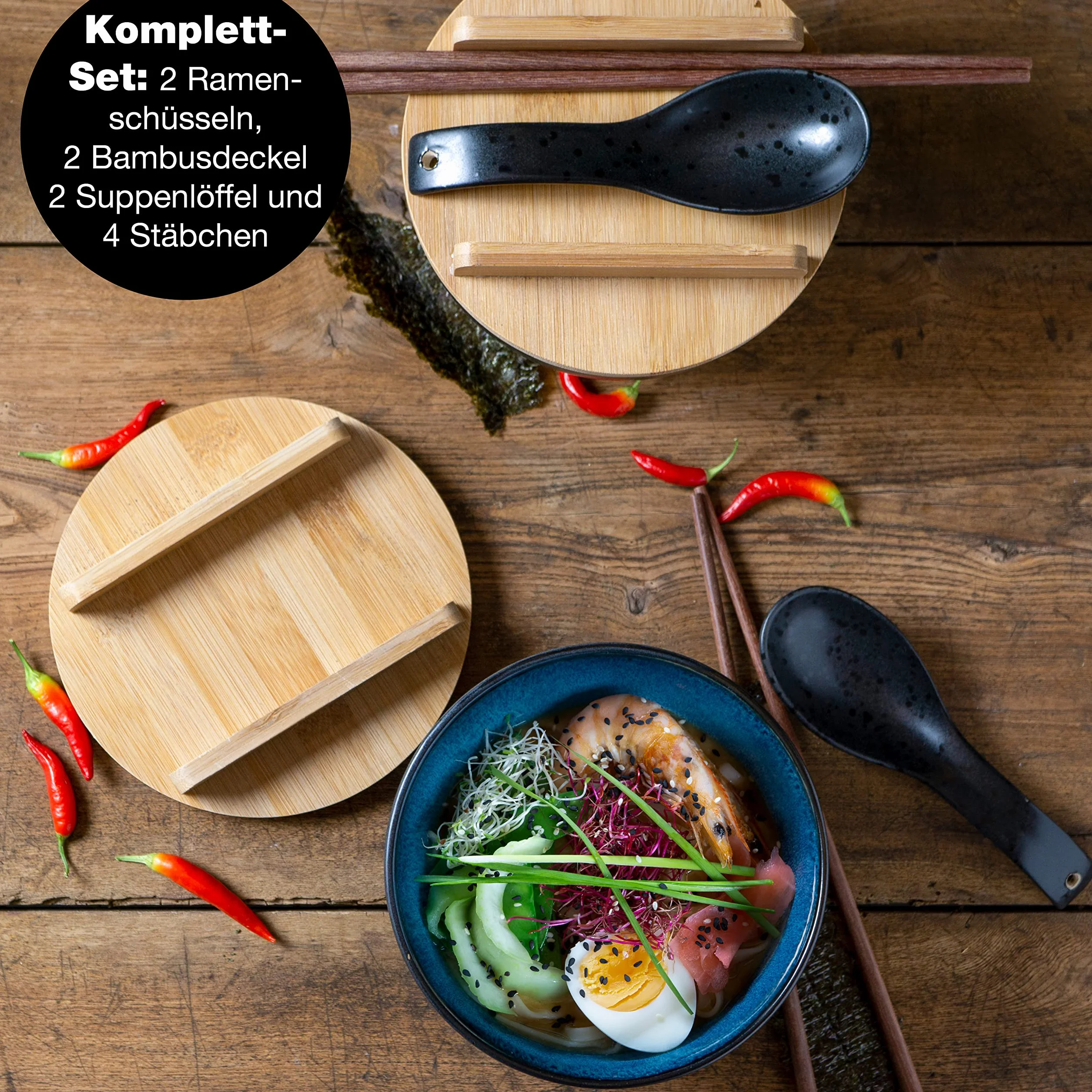 Moritz & Moritz Zestaw ceramicznych misek do ramenu, 2 sztuki - średnica 15 cm - 600 ml / 20,3 uncji - kolor czarny i niebieski - zawiera bambusowe pokrywki, łyżki i 4 pałeczki - japońskie miski na