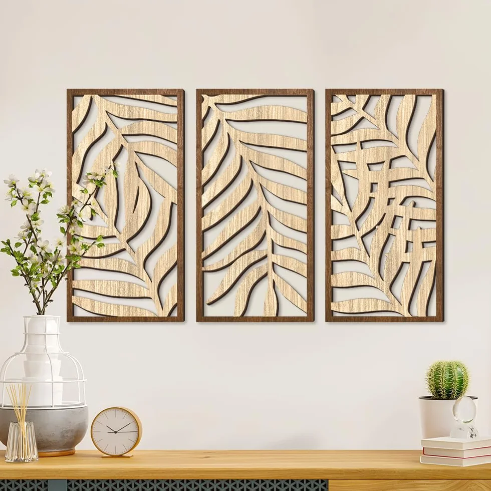 Rongxze Nordycki zestaw drewnianych ścian – 3 panele dekoracyjne ze wzorem liści (40 x 20 cm), dekoracja ścienna, obrazy ścienne, naturalny styl do salonu/sypialni