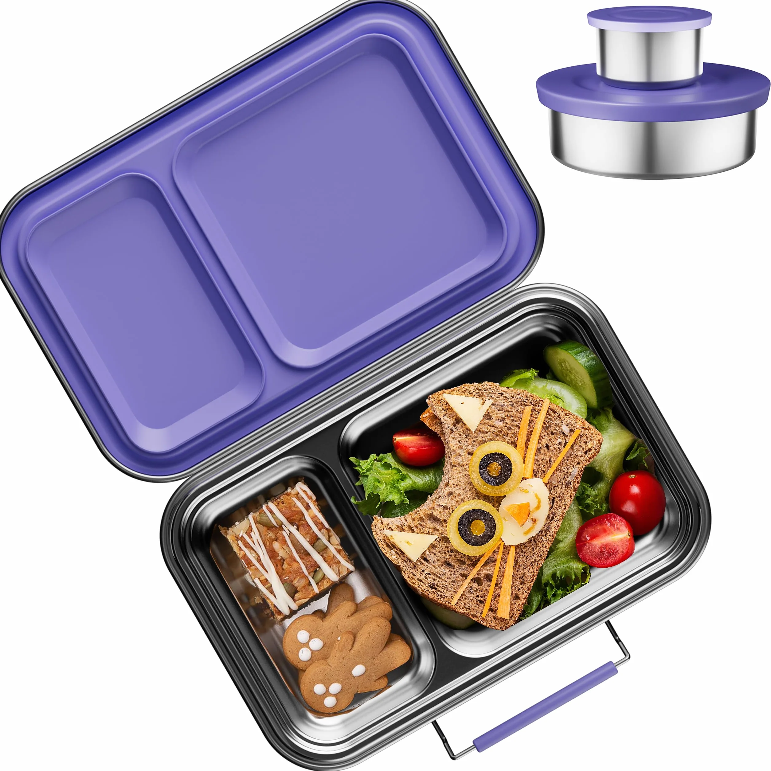 AOHEA Pudełko na lunch ze stali nierdzewnej dla dzieci, szczelne pudełko na lunch Bento, bez BPA, ze stali nierdzewnej 304, pudełko Bento z pojemnikami, do szkoły i biura, fioletowe