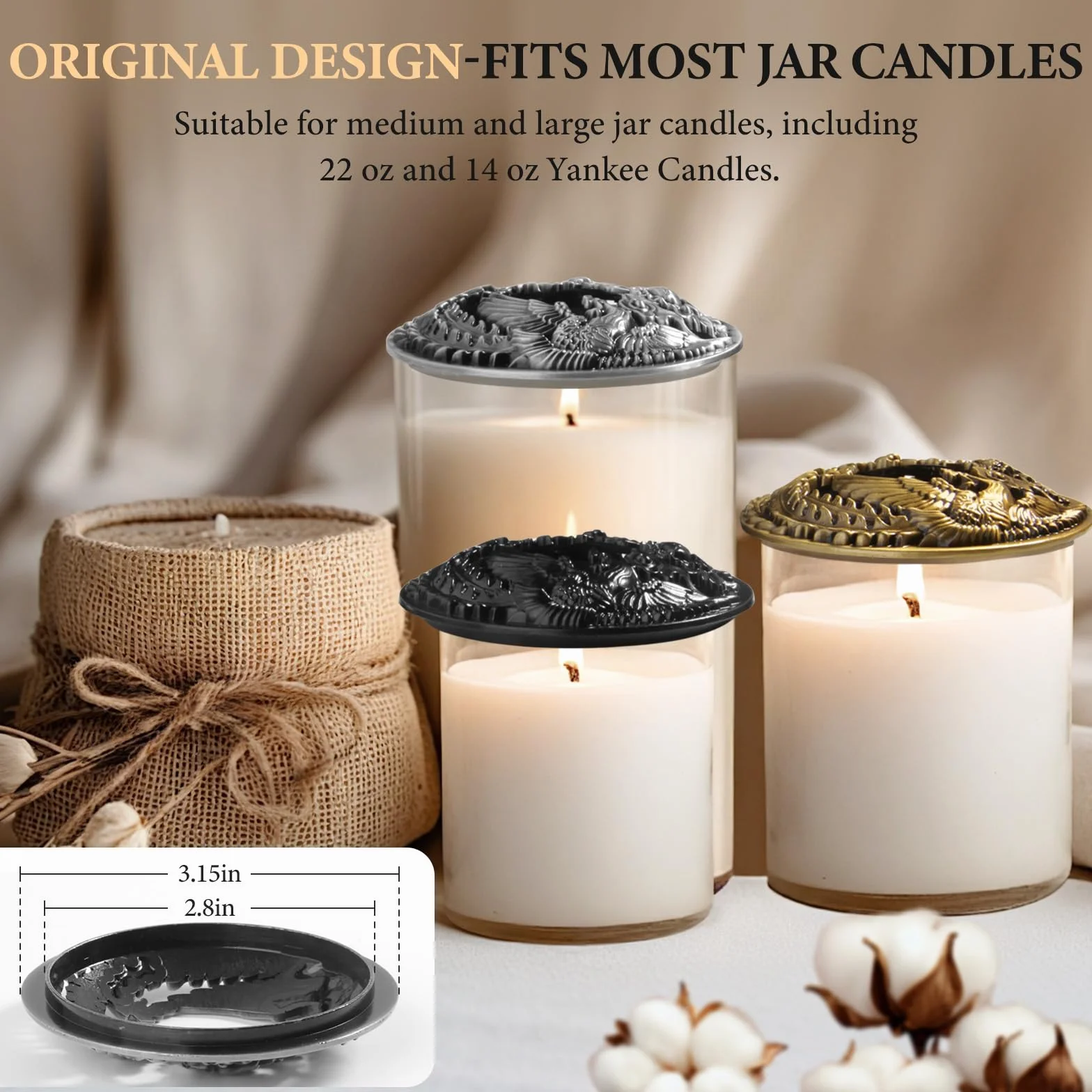 Illuma Lid Candle nakładka na pokrywkę świecy, wiele stylów, matryca ze szczotkowanymi akcesoriami, klosz abażuru, topiony metal Boże Narodzenie, pomaga równomiernie roztopić świecę