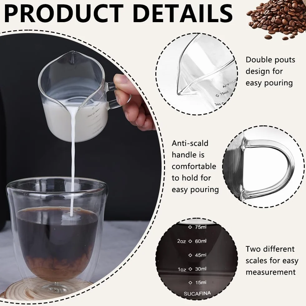 HOTUT Szklanka do espresso 75 ml, 2 szt. podwójna wylewka, kubek do nalewania w kształcie litery V ze skalą, miarka do domu, biura, kawiarni