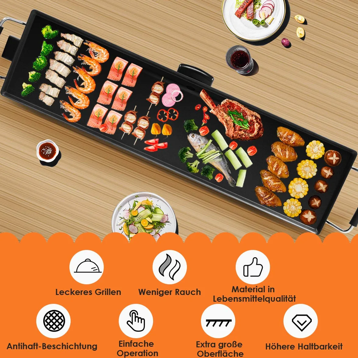 COSTWAY Teppanyaki Grill Elektryczny 90 x 23 cm, Płyta Grillowa 1800 W z Powłoką Zapobiegającą Przywieraniu, 6 Drewnianych Szpatułek i Nieprzywierający Pierścień do Jajek