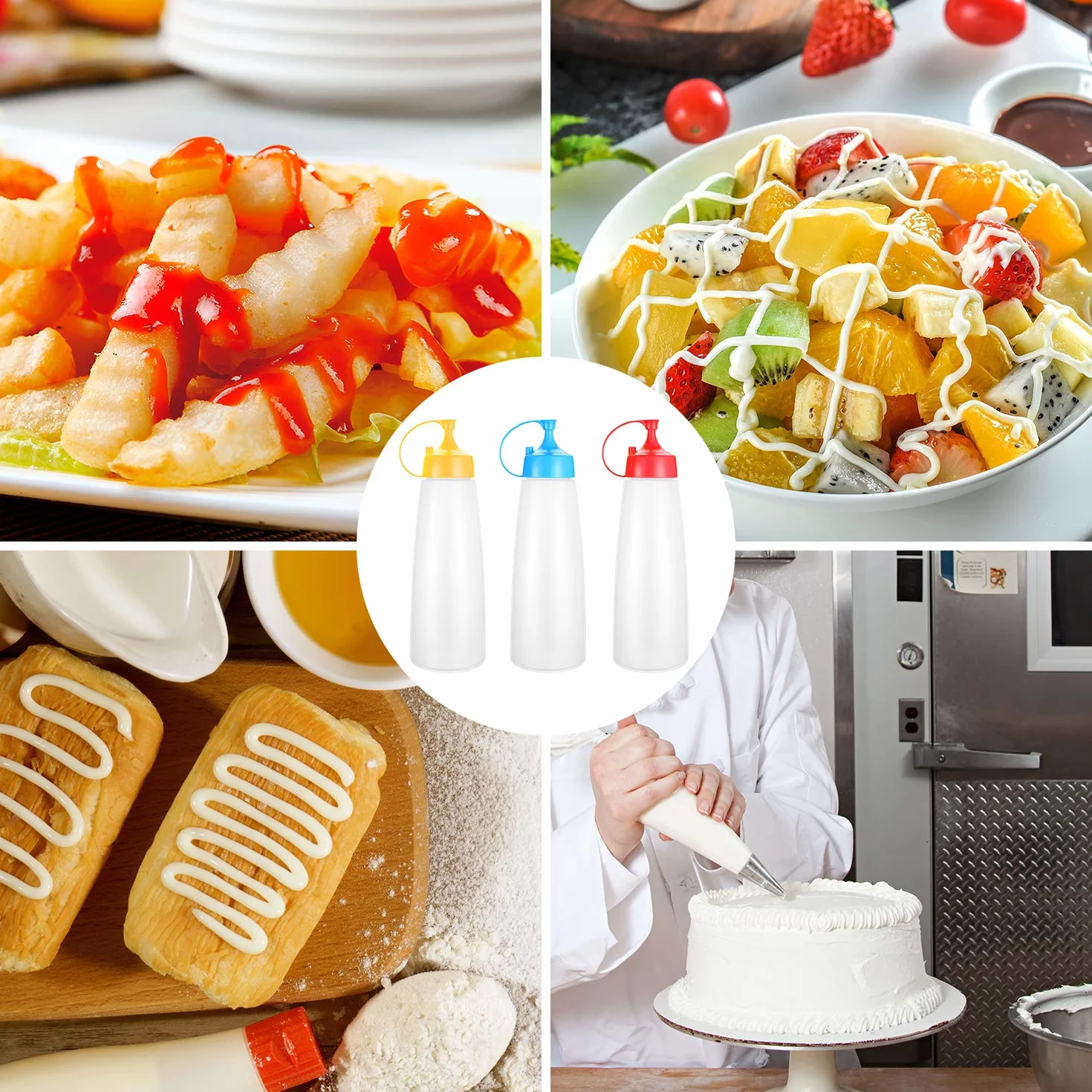 3 Butelki do dozowania 500ml, Squeezers z korkiem, do syropu klonowego, keczupu, tłoczenia plastikowego, majonezu, sosów i oleju z oliwek