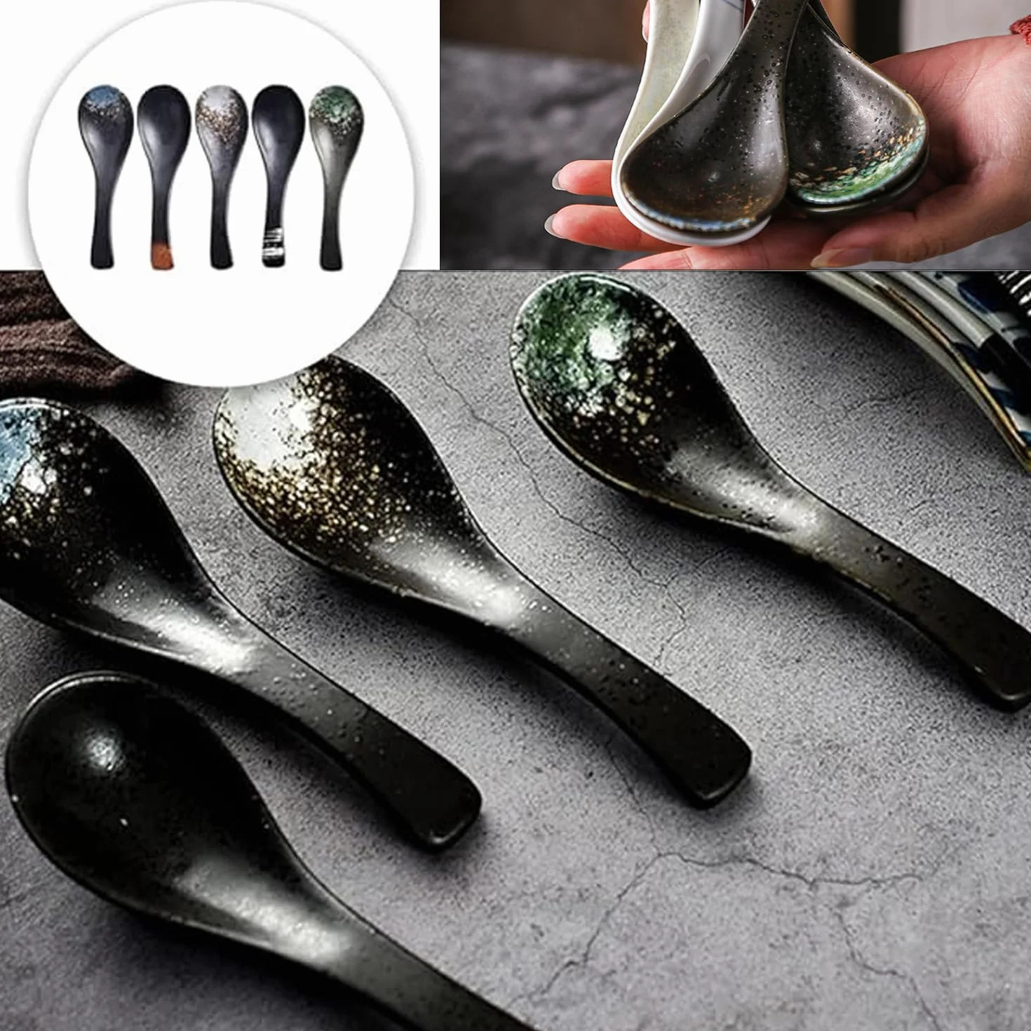 5 sztuk ceramicznych łyżek, retro chińskie łyżki do zupy ramen japońskie łyżki do zupy, azjatycki ramen makaron sztućce, sztućce do gospodarstwa domowego, łyżka do zupy (czarne)
