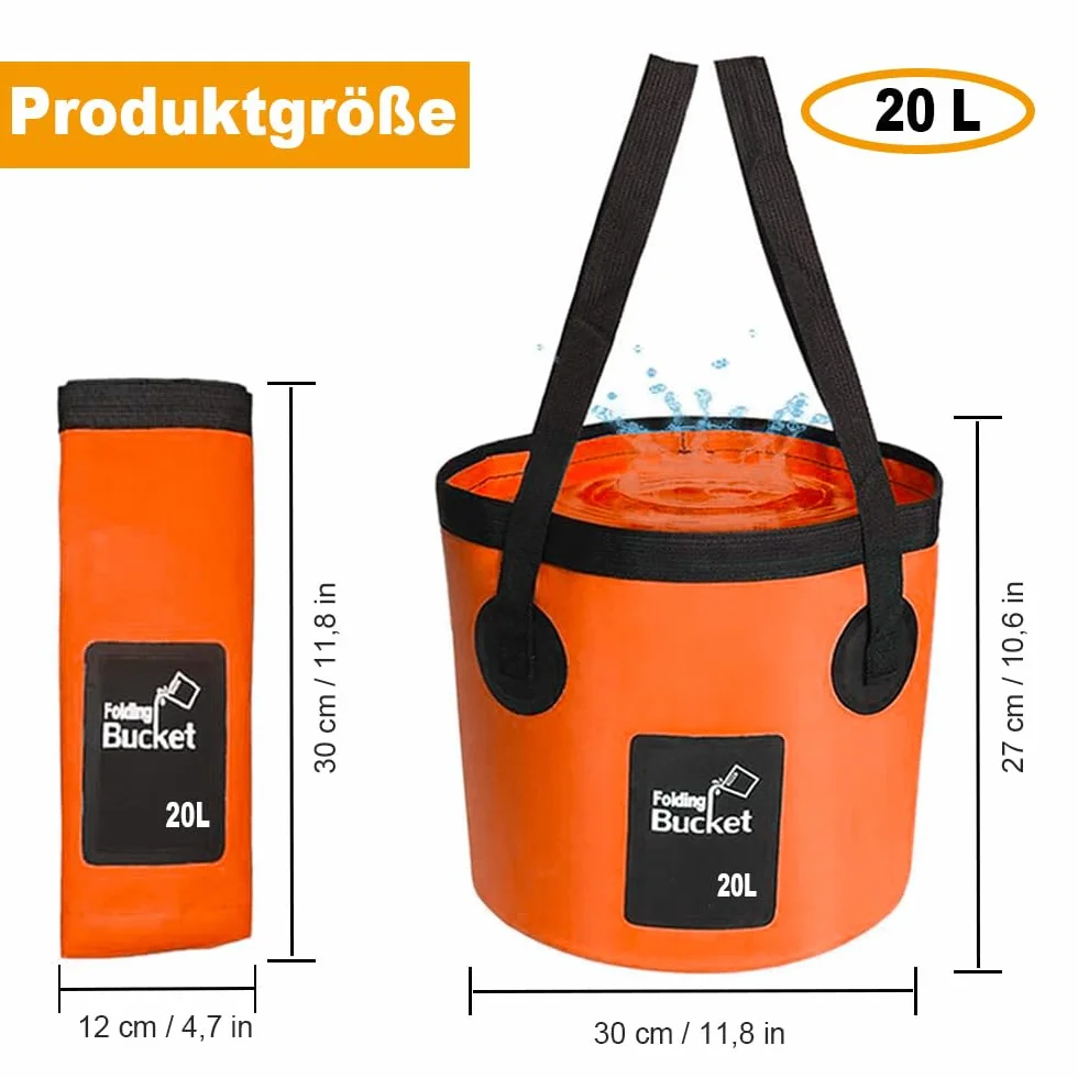Składane wiadro pomarańczowe, wielofunkcyjne na kemping, wędkowanie, imprezy i aktywności na świeżym powietrzu, 20 l
