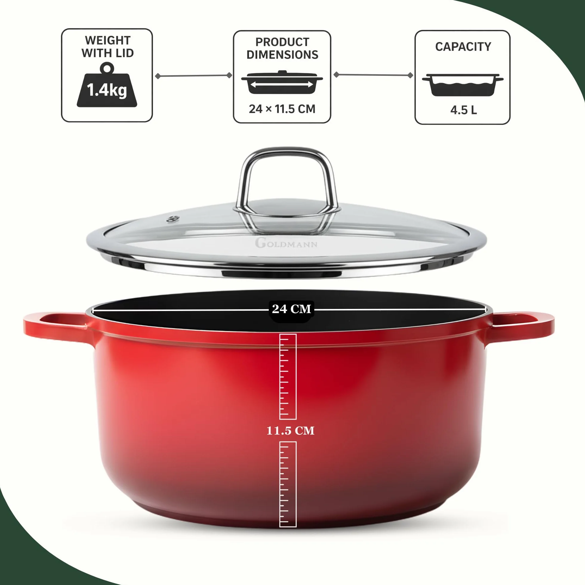 Goldmann Garnek do Gotowania z Odlewanego Aluminium, Ceramiczna Marmurkowa Powłoka Nieprzywierająca, Pokrywka Szklana, Indukcja, Bez PFOA (Czerwony, 24 CM)