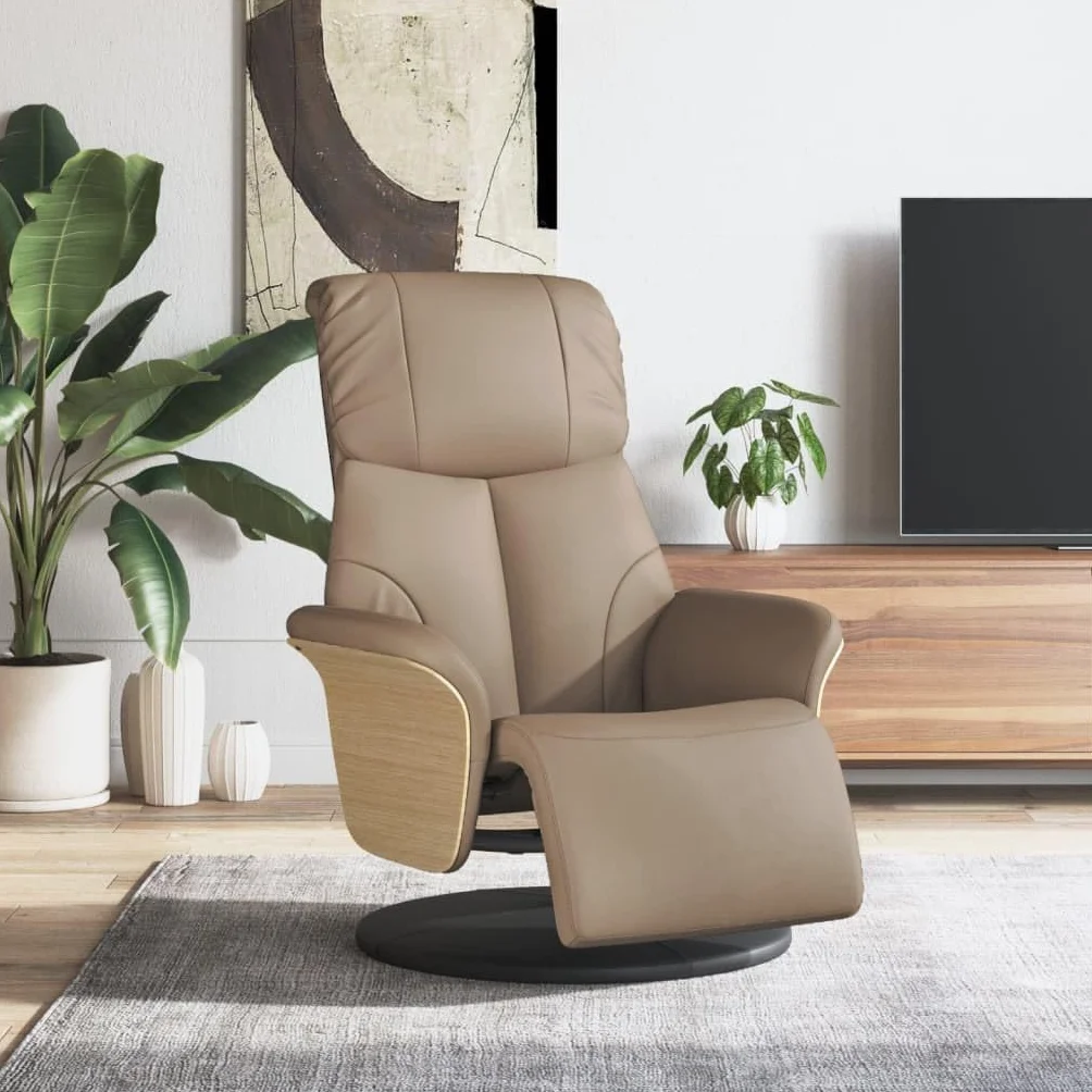 Fotel relaksacyjny z podnóżkiem, kolor brązowy cappuccino, sztuczna skóra, regulowany, obrotowy, z podłokietnikami, ergonomiczny, do salonu, sypialni, biura, relaksu, czytania, oglądania