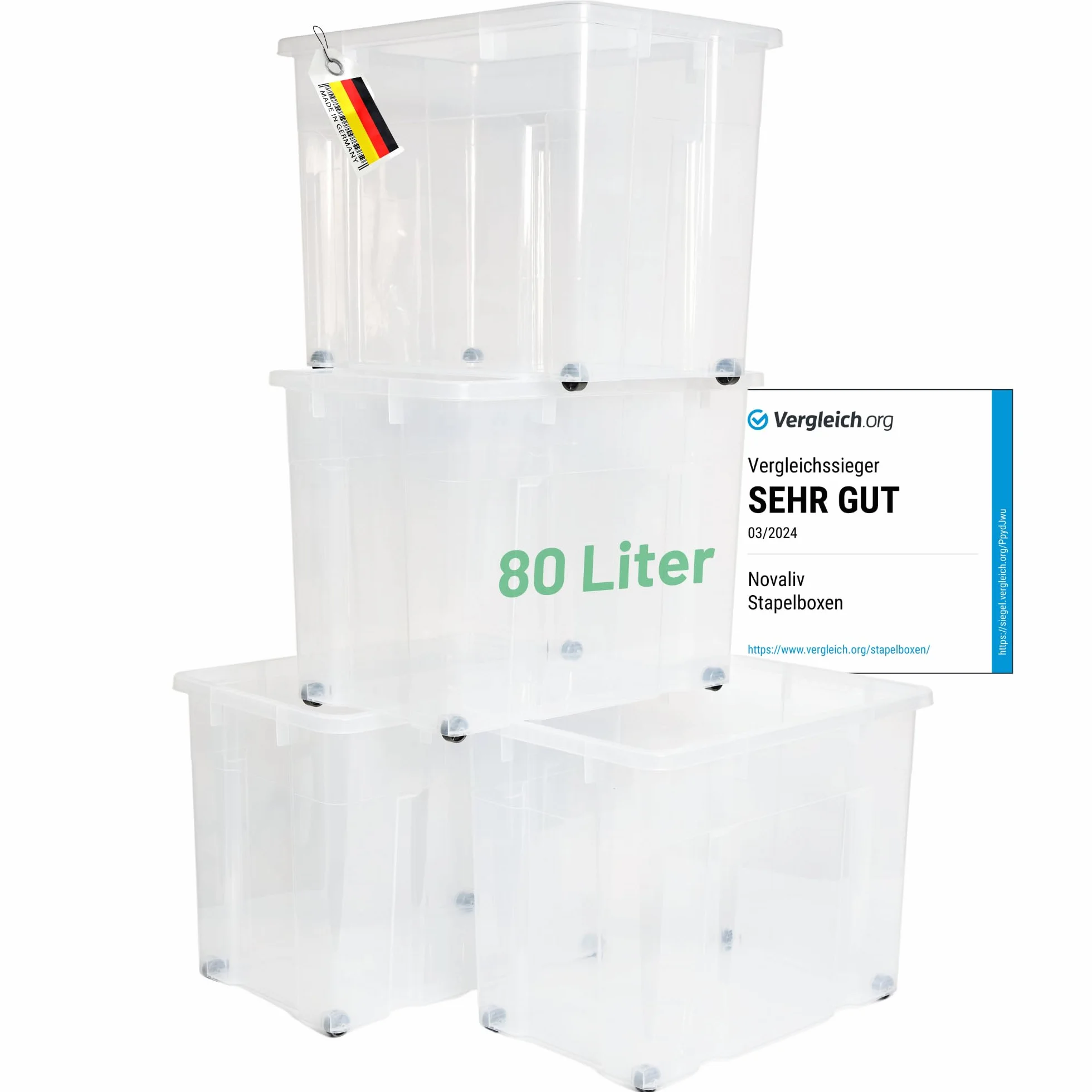 Novaliv Plastikowe pudełka bez pokrywki, rolki 80 l, 59 x 39 x 45, przezroczyste, duże pudełka, do przechowywania eurobox na kółkach, plastikowe pojemniki na buty
