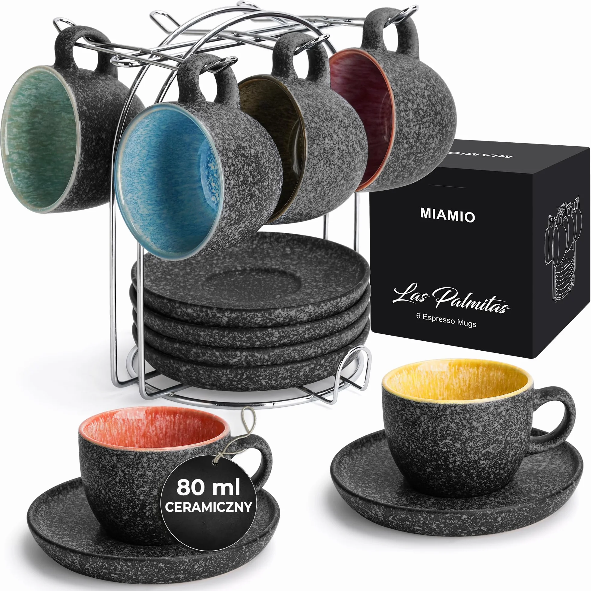 MIAMIO – 80 ml ceramiczne składane filiżanki do espresso z spodkami i metalowym stojakiem, zestaw 6 filiżanek do espresso, filiżanki demitasses, kubki do kawy na espresso, latte, café mocha i herbatę
