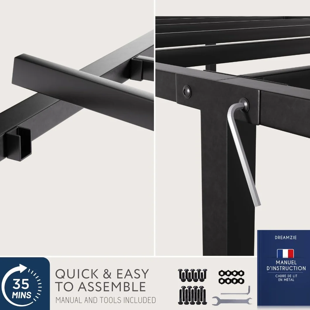 Rama łóżka Dreamzie 90x200 - Łóżko metalowe z zagłówkiem - Wysokość 35 cm - Łatwy montaż i przestrzeń do przechowywania