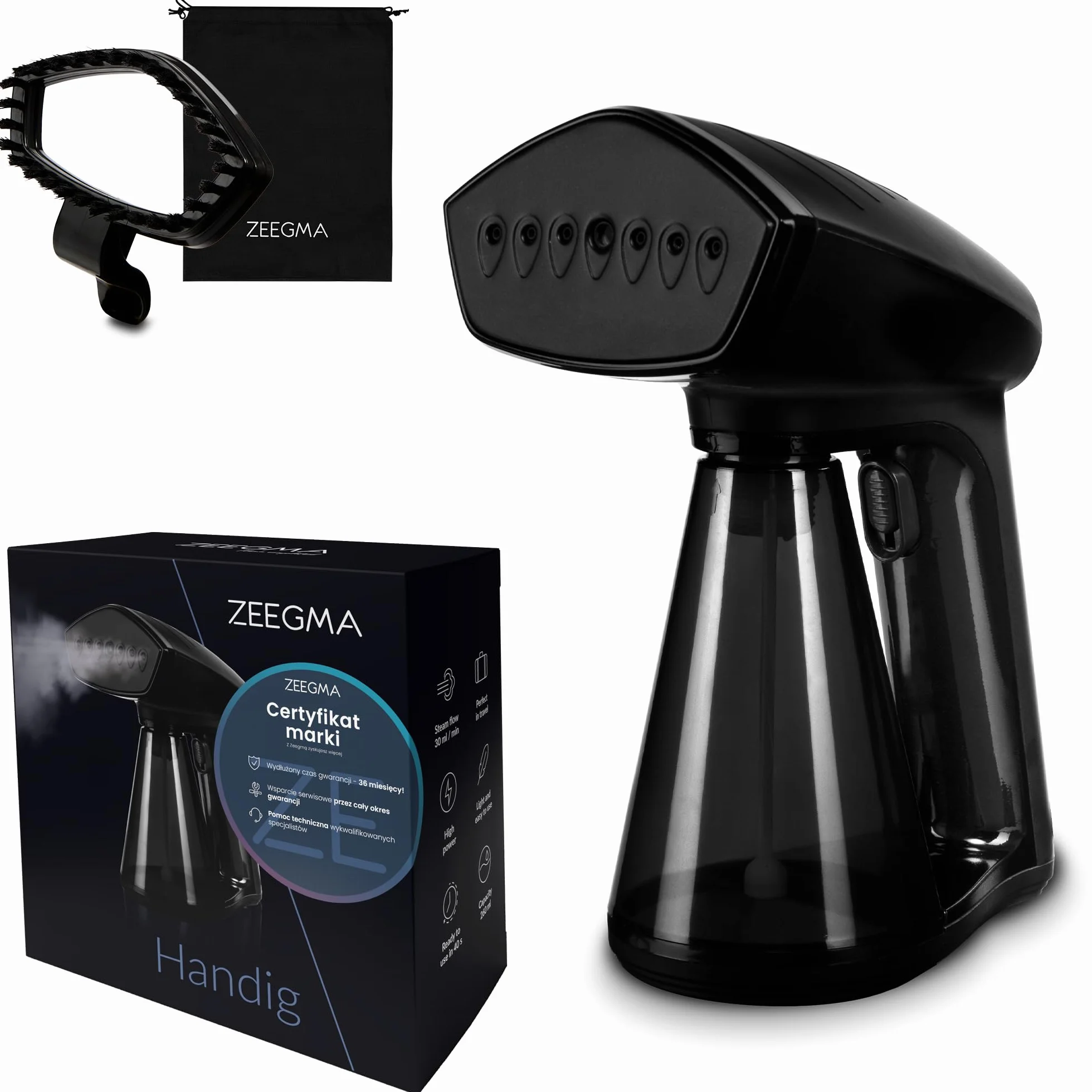 ZEEGMA Handig Parownica (steamer) do ubrań, 1500 W, 40 sekund przygotowania, 30 g/min, przewód - 2,5 metra, możliwość pionowego i poziomego prasowania, praktyczna torba w zestawie