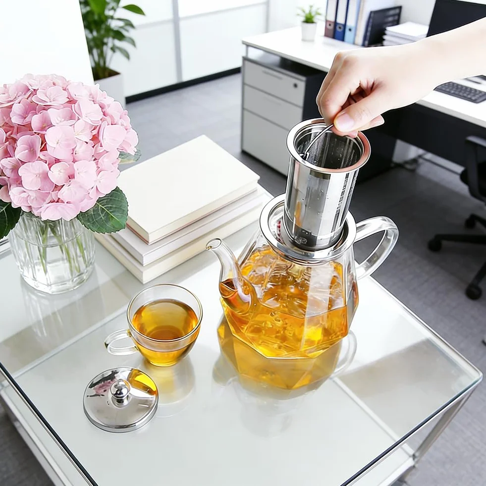RANJIMA Dzbanek do herbaty z sitkiem, szklany dzbanek o pojemności 1,0 l, odporny na wysokie temperatury, szklany dzbanek z pokrywką, Premium Teapot z sitkiem ze stali nierdzewnej, idealny do