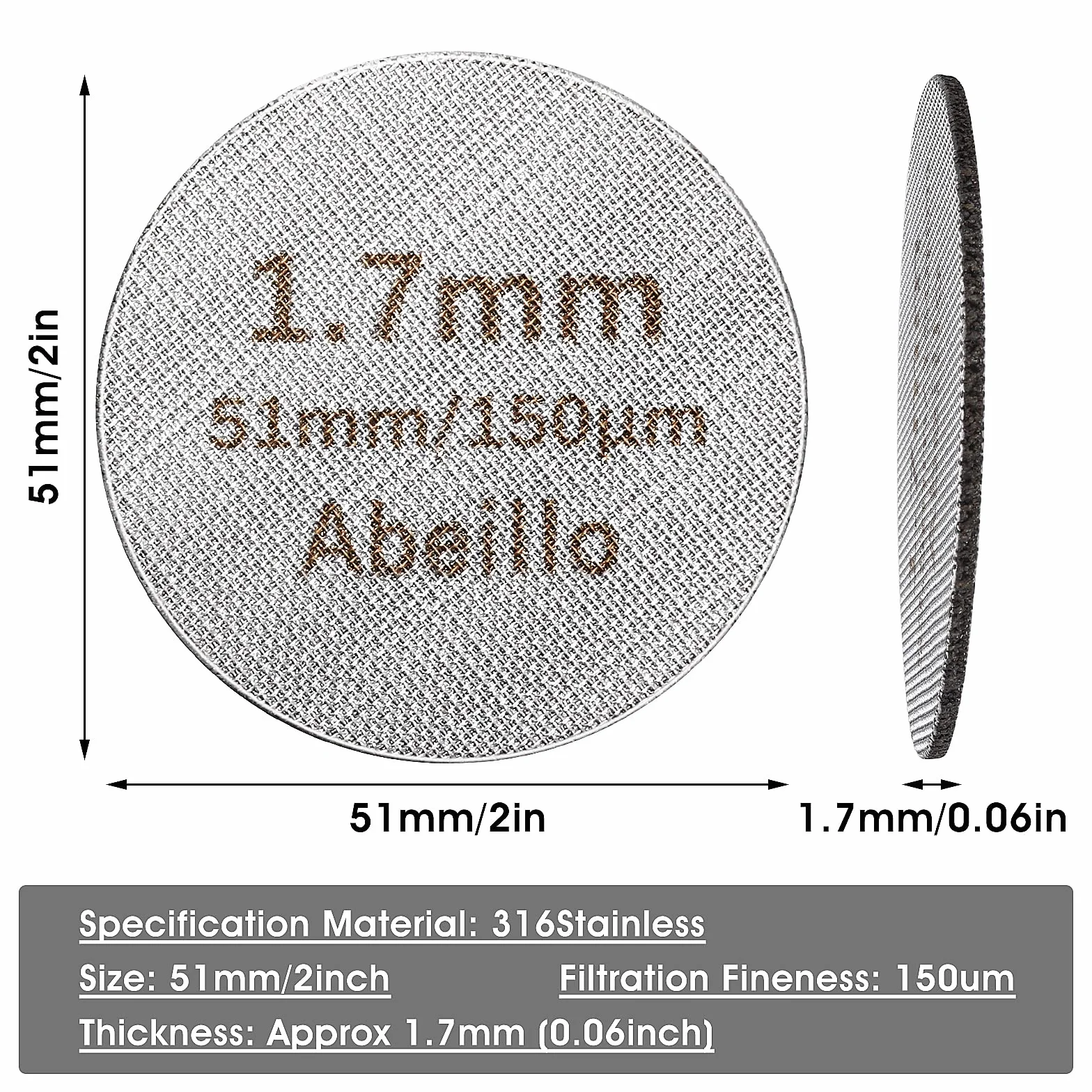 Abeillo Sitko do espresso, 51 mm, grubość 1,7 mm, 150 μm, filtr do kawy wielokrotnego użytku, dolne sitko prysznicowe do filtra espresso, stal nierdzewna 316 (51 mm)