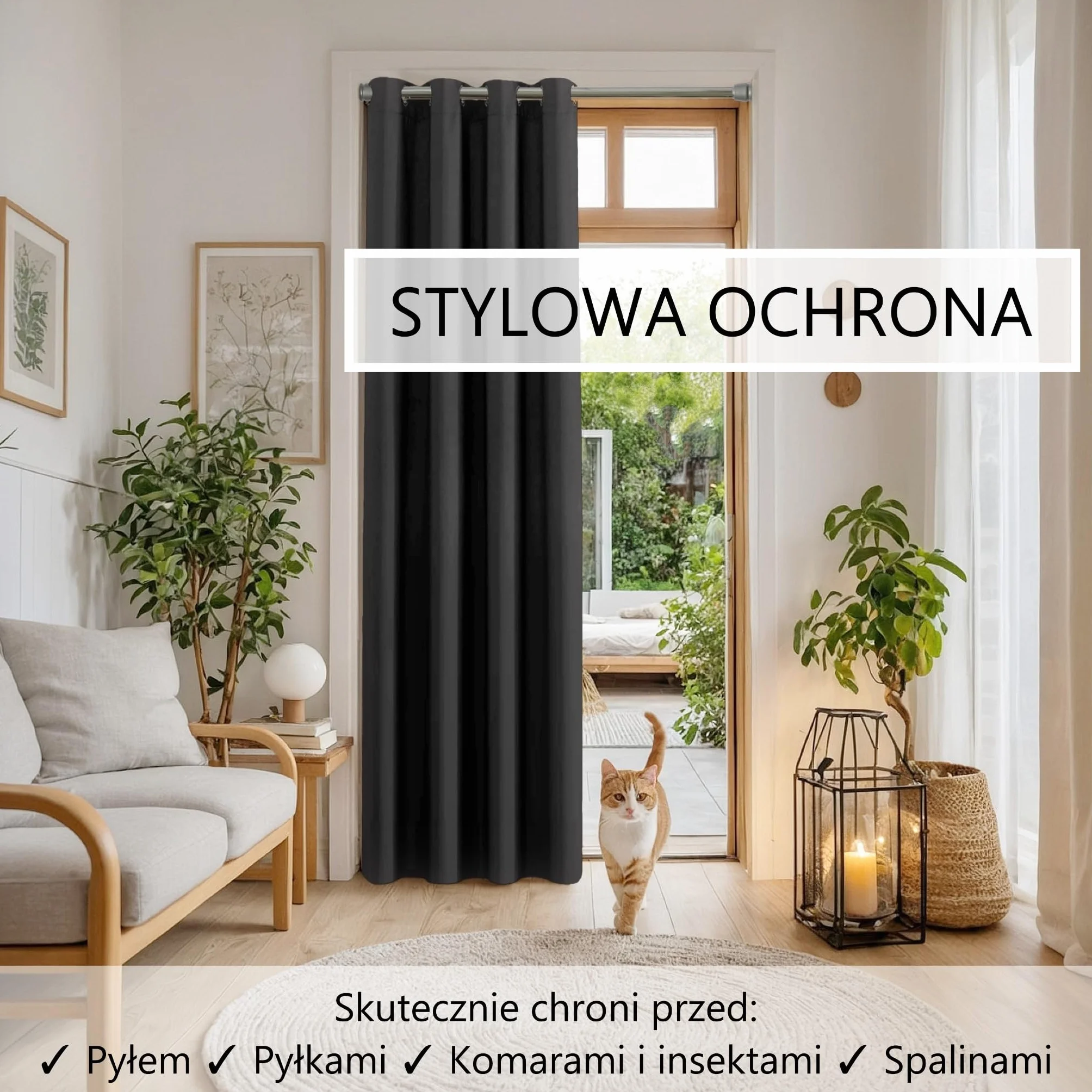 Zasłona do drzwi z drążkiem teleskopowym, łatwy montaż w 1 minutę bez wiercenia (czarna zasłona drzwiowa + srebrny drążek, zasłona 200 x 150 cm (wys. x szer.) + drążek 70–120 cm)