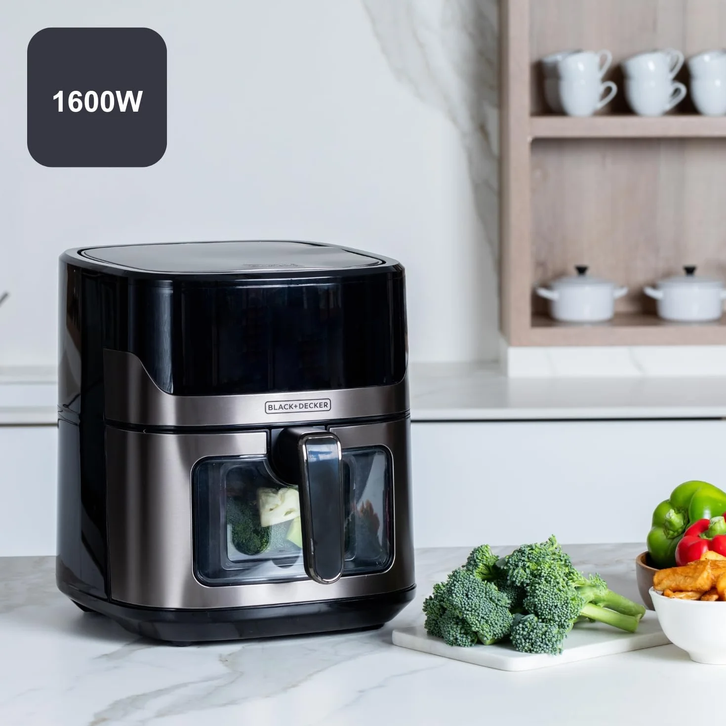 BLACK+DECKER BXAF6500E bezolejowa frytkownica powietrzna, 1600 W, 6,5 l, do 1300 g ziemniaków, przezroczyste okienko w koszu, temperatura 80-220°C, 8 programów