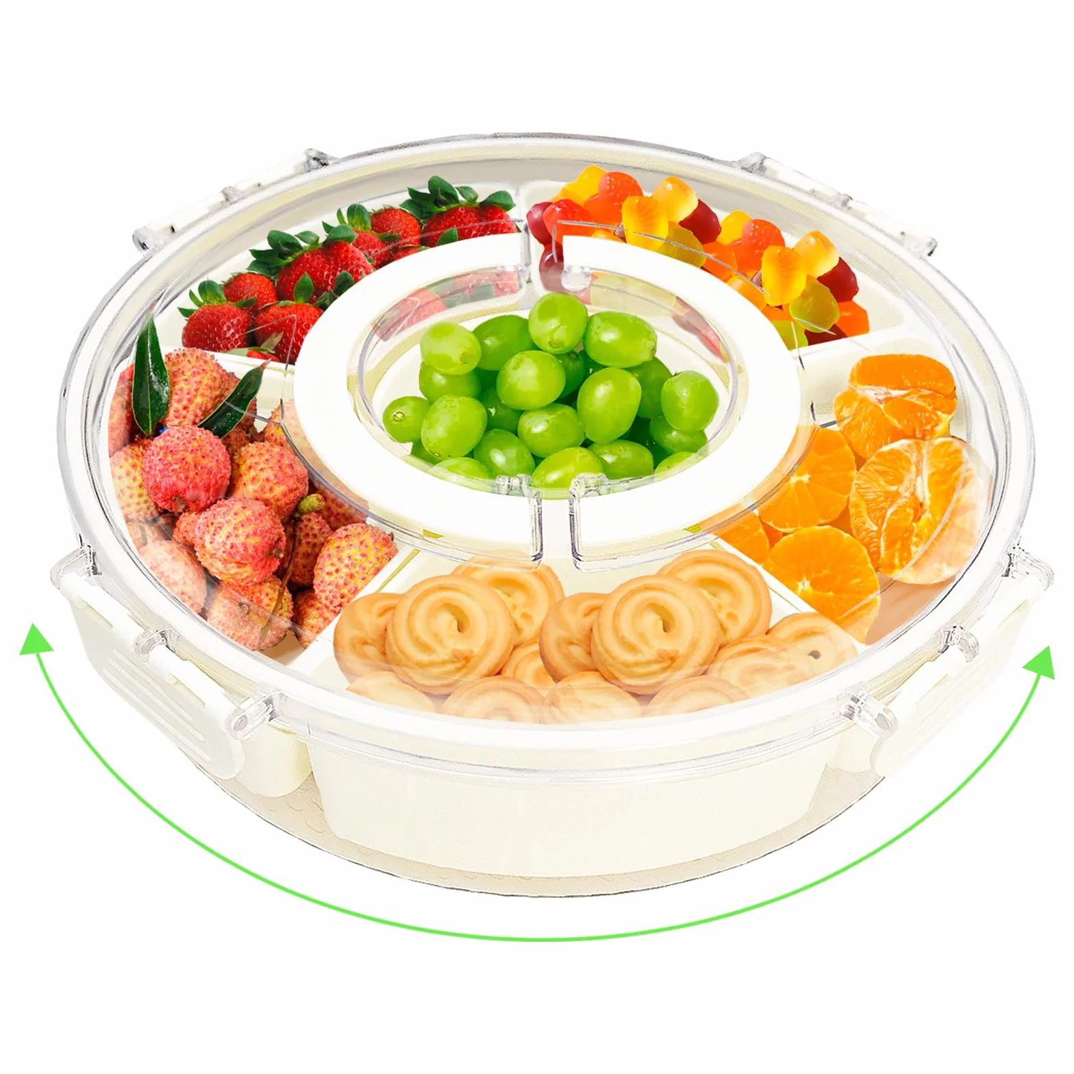 Okrągłe pudełko na przekąski z pokrywką, pojemnik na przekąski z 6 przegródkami, 27 cm, obracany o 360°, pojemnik na przekąski z pokrywką i uchwytem, na imprezę i piknik, słodycze, orzechy
