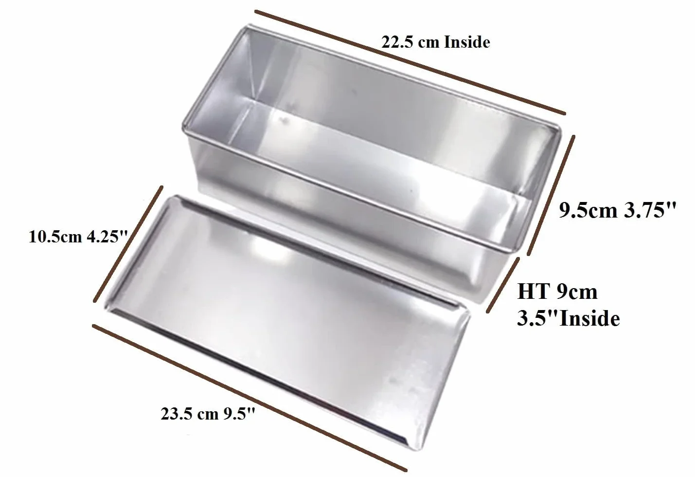 Aluminiowa forma do chleba Rozmiar blaszanej pokrywy: 9,5 x 4,25, rozmiar formy zewnętrznej: L 23 cm x szer. 9,5 cm x wys. 3,5 cala, rozmiar wewnętrzny 22,2 cm x 9,5 cm x 8,3 cm