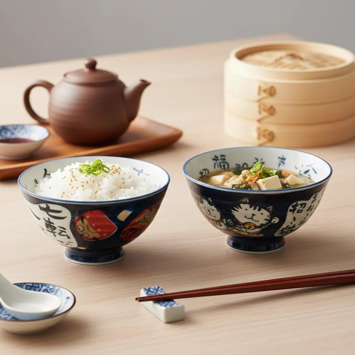 CoolChange Japońska miska na ryż Daruma i kot szczęścia | ręcznie malowana z porcelany | 2 szt. | miski ceramiczne | azjatyckie miseczki do jedzenia | 12 cm | nadaje się do kuchenki mikrofalowej i