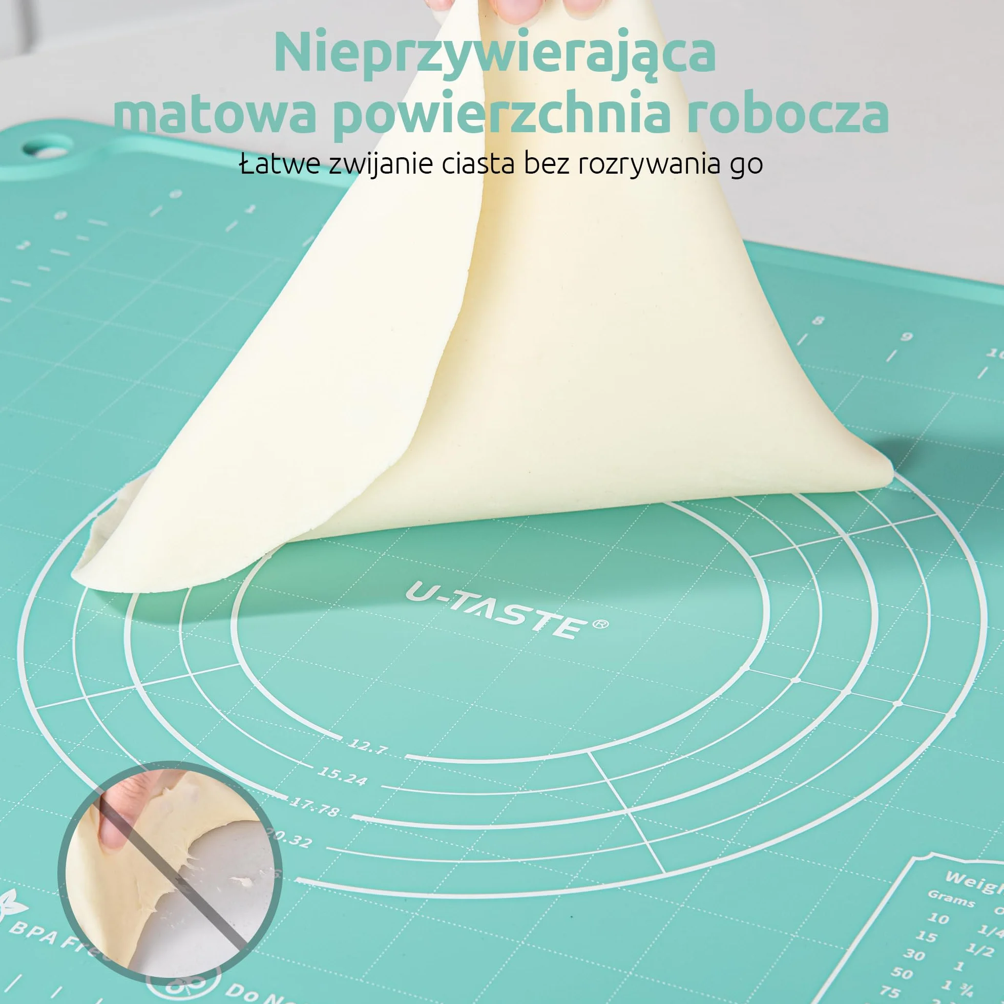 U-Taste Mata do Pieczenia z Płynnego Silikonu (40x50 cm, Cyraneczka) | Duża Nieprzywierająca Mata do Pieczenia, Wałkowania i Ugniatania Ciasta z Wymiarami do Ciasteczek i Pizzy