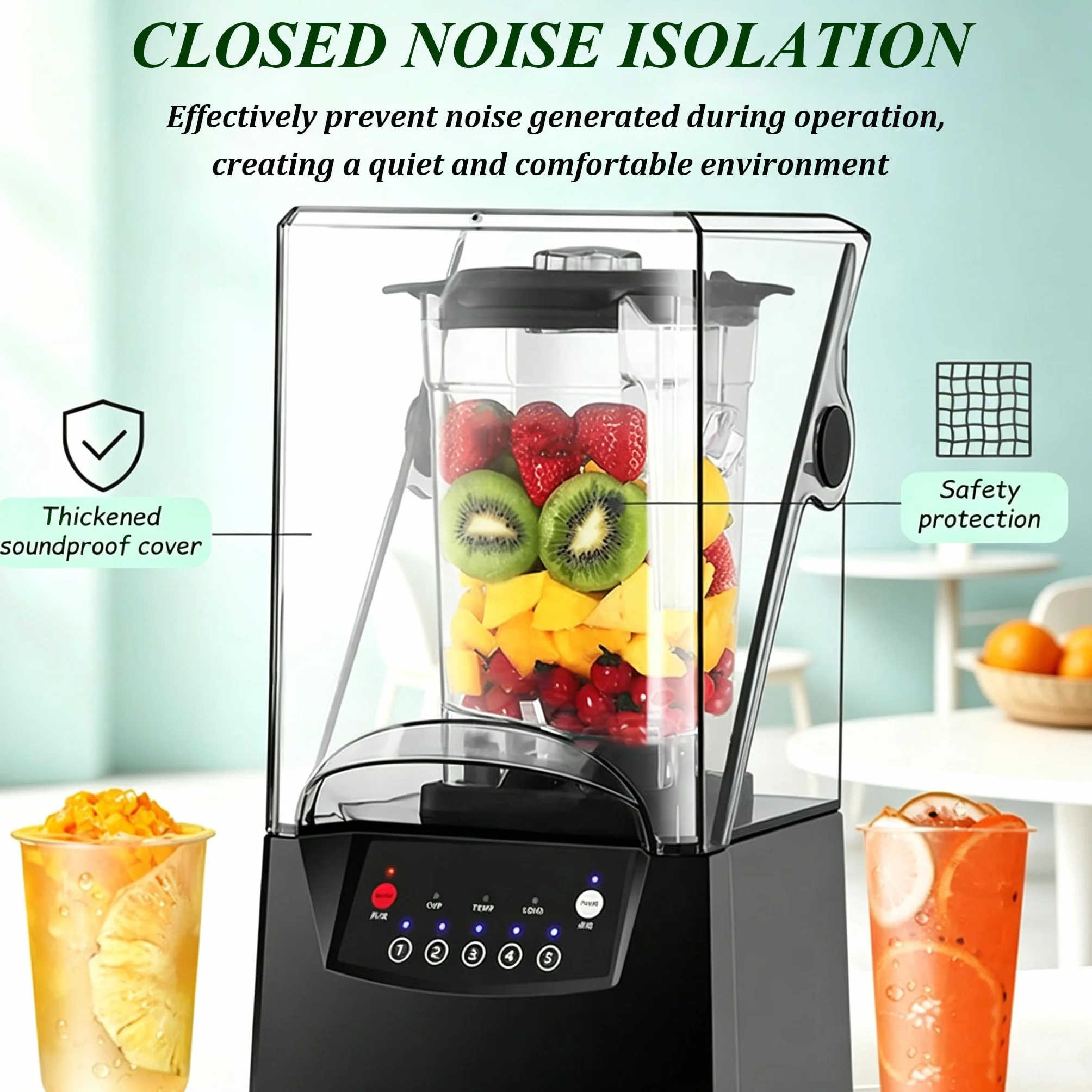 Dźwiękoszczelny Blender Komercyjny 1,8 l z Pokrywą, 22000 obr./min, 5 Prędkości, do Mrożonych Soków i Smoothie