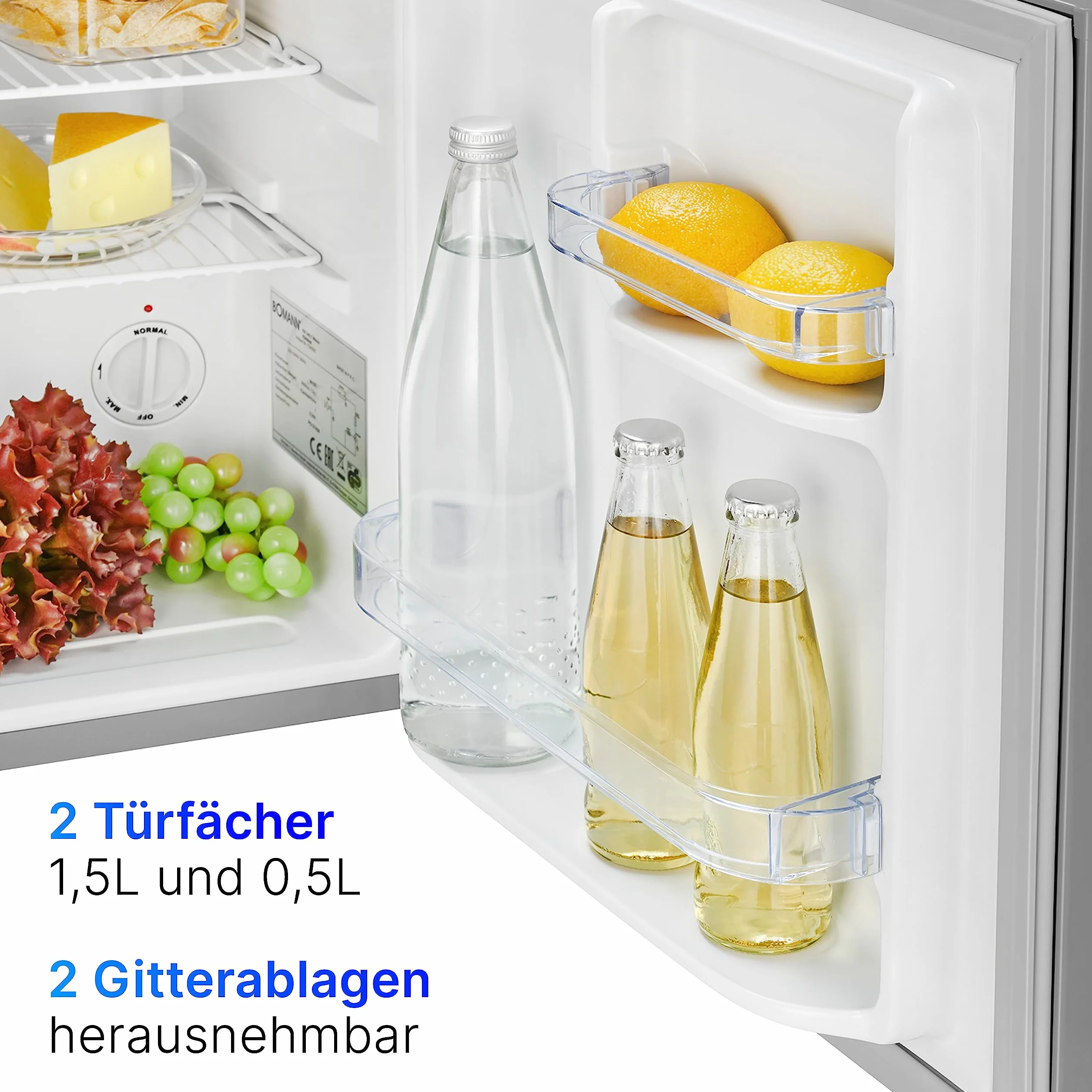 Bomann® Mini lodówka 42 l | mała lodówka na napoje, do biura, na kemping i do gier, cicha, 39 dB, minibar z wymiennym ogranicznikiem drzwiowym, 51 x 45 x 45 cm, KB 7346 inox