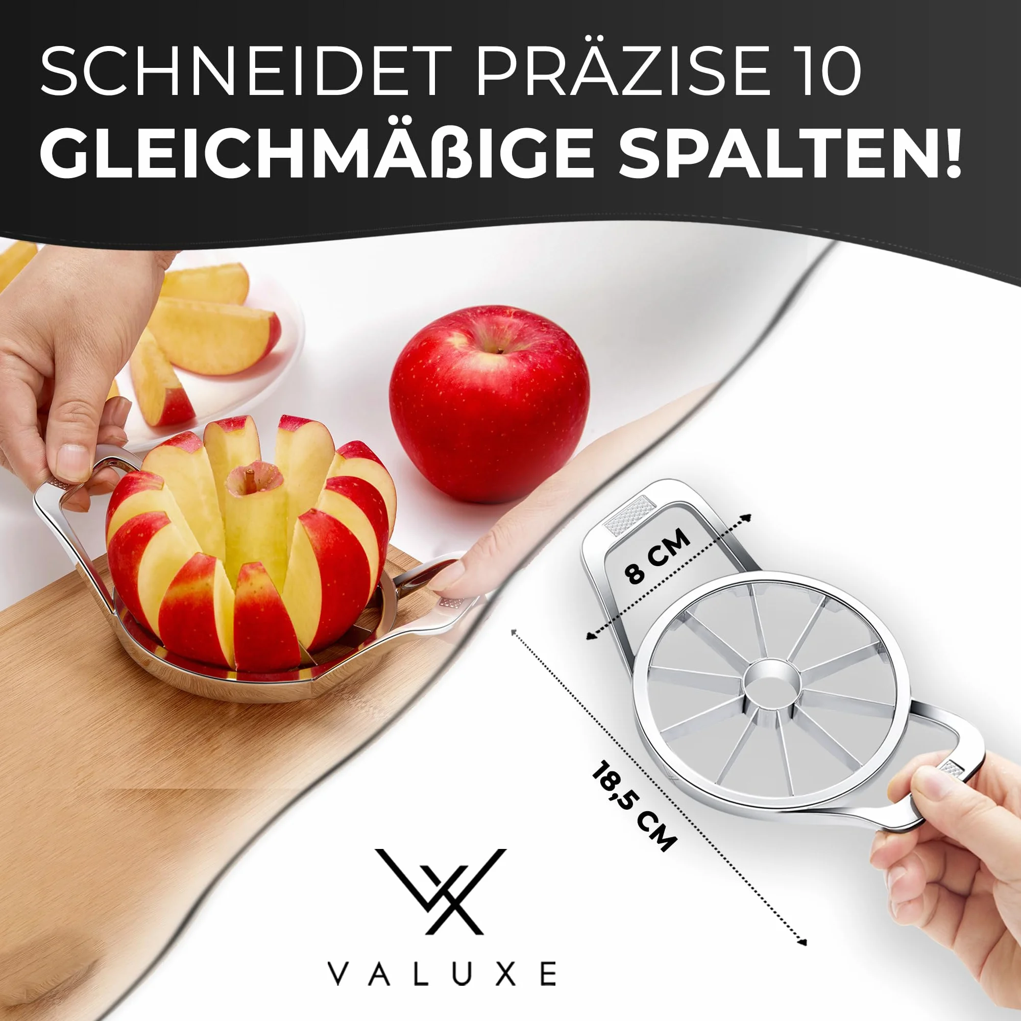 VALUXE® krojacy do jabłek - Premium krojacy do jabłek z ostrym ostrzem z nerwatury - Poręczny krojacy do jabłek na 10 równych kawałków - krojacy do jabłek, krojacy do jabłek