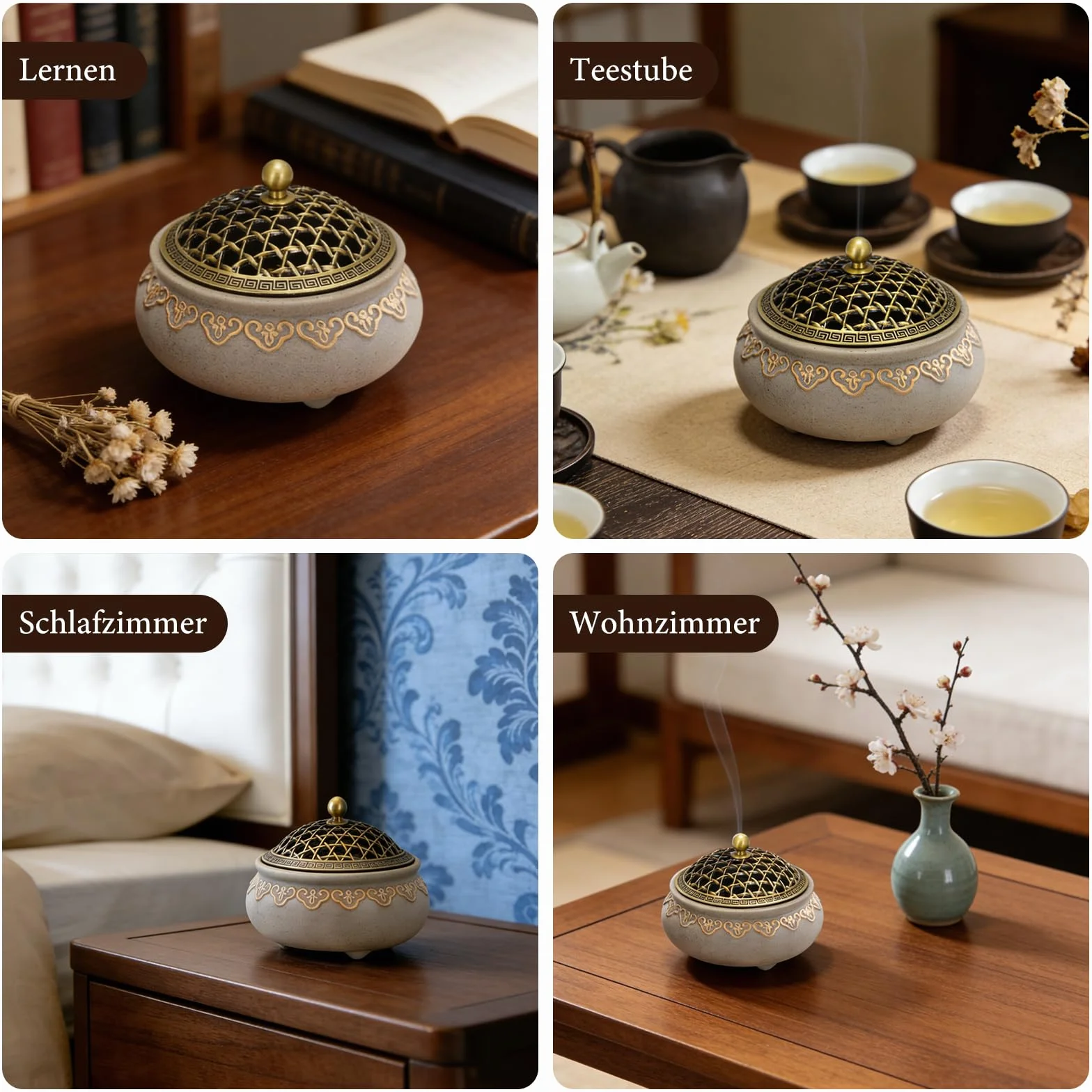 Ceramiczne naczynie do kadzidełka w stylu vintage, z metalową pokrywką, uchwyt na kadzidełka, okrągły i ogniotrwały, chińska porcelana, do domu, pokoju medytacyjnego, salonu, biura