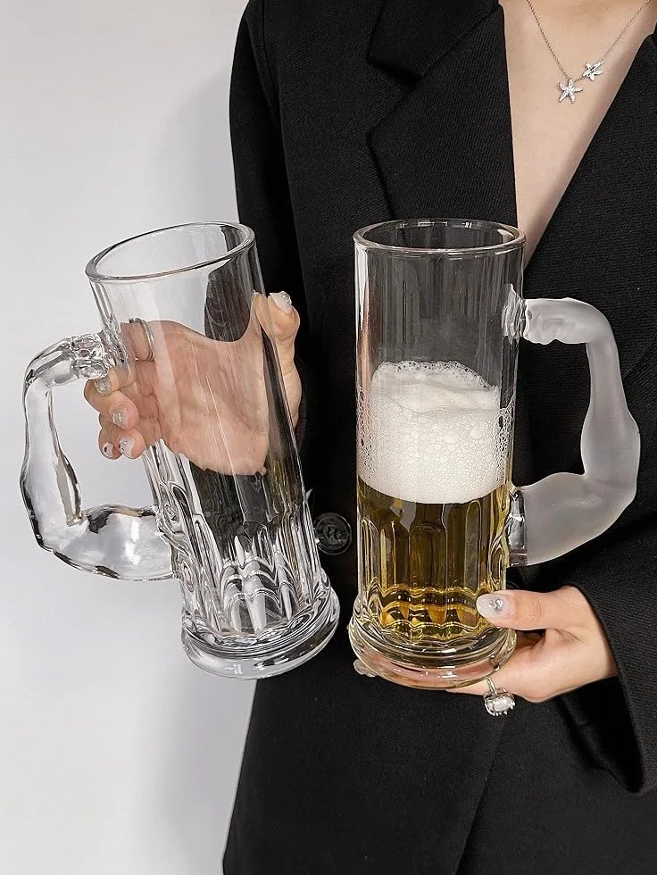 Szklany kufel do piwa z uchwytem na ramię mięśni, kufel do piwa z uchwytem, styl vintage, 570 ml