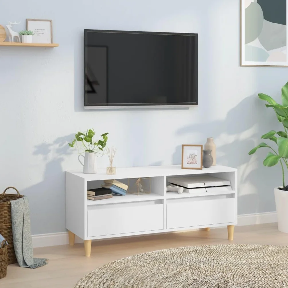 Szafka TV, biała, 100 x 34,5 x 44,5 cm, materiał drewnopochodny, konsola medialna do salonu, stabilna podstawka pod telewizor, centrum rozrywki