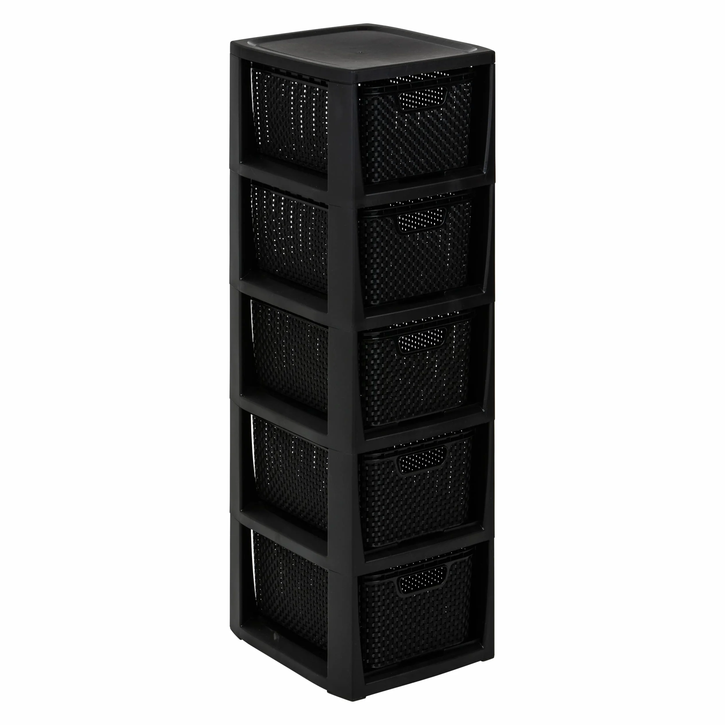 BranQ Regał rattanowy Home essential, tworzywo sztuczne PP bez BPA, czarny, 29,5 x 24 x 80 cm, 5 koszy