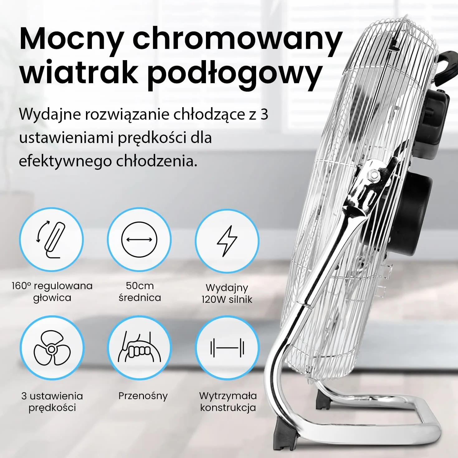 Pro Breeze Wentylator Chłodzący Podłogowy, Duży Wiatrak Przemysłowy, Średnica 50 cm, Mocny Potężny, 120W, Chromowany Okrągły Wytrzymały, 3 Łopatki, do Garażu Warsztatu Sklepu Stodoły Siłowni