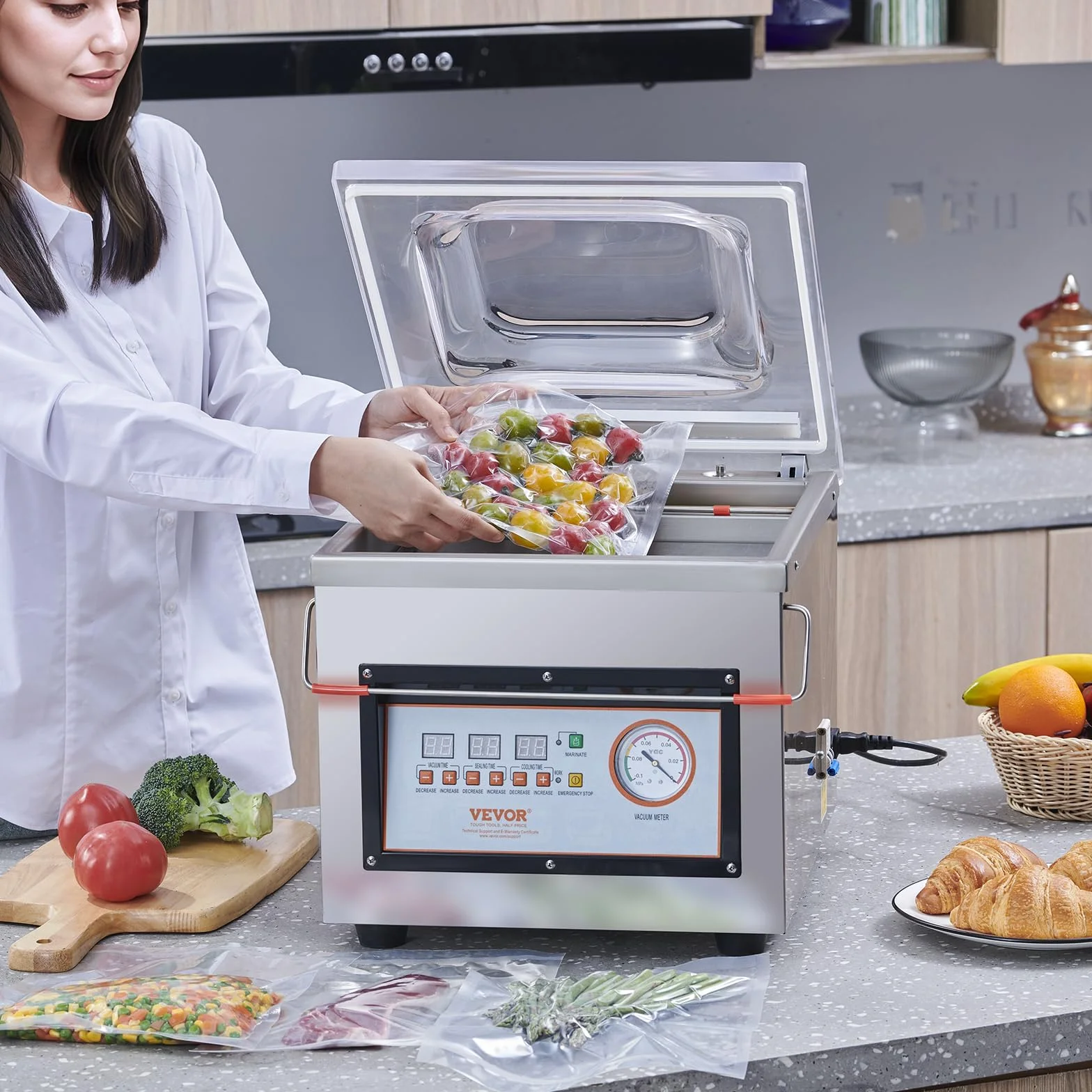 VEVOR Komora próżniowa maszyna pakująca 320 W, pakowaczka próżniowa kompaktowy rozmiar 320 mm w kuchni domowej i do użytku komercyjnego do mokrej żywności, mięsa, marynat