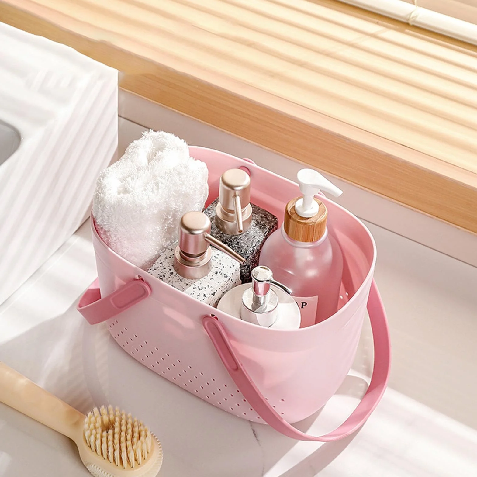 Shower Organizer Basket, Bath Storage Bin, Toiletry Basket with Handles, Drainage Shower Organizer, 25x17x14.5cm Storage Basket for Bathrooom PP+ Shower Bin, Lightweight, Pink White