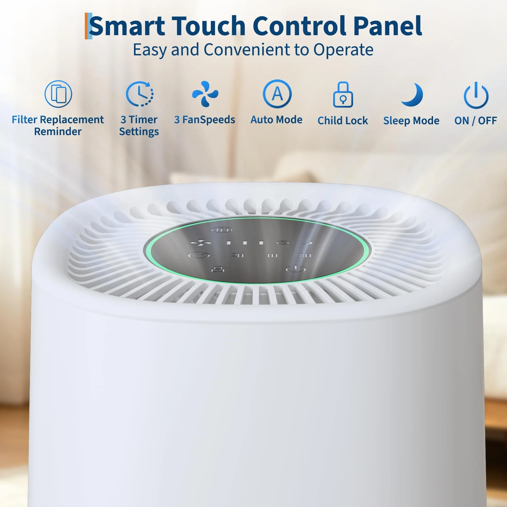 Oczyszczacz powietrza z filtrem HEPA 3 w 1, CADR 100 m³/h, do 15 m³/h, 5 stopni w zestawie tryb automatyczny i uśpienia, cichy 24 dB, USB Type-C, timer, zabezpieczenie przed dziećmi, dla alergików i