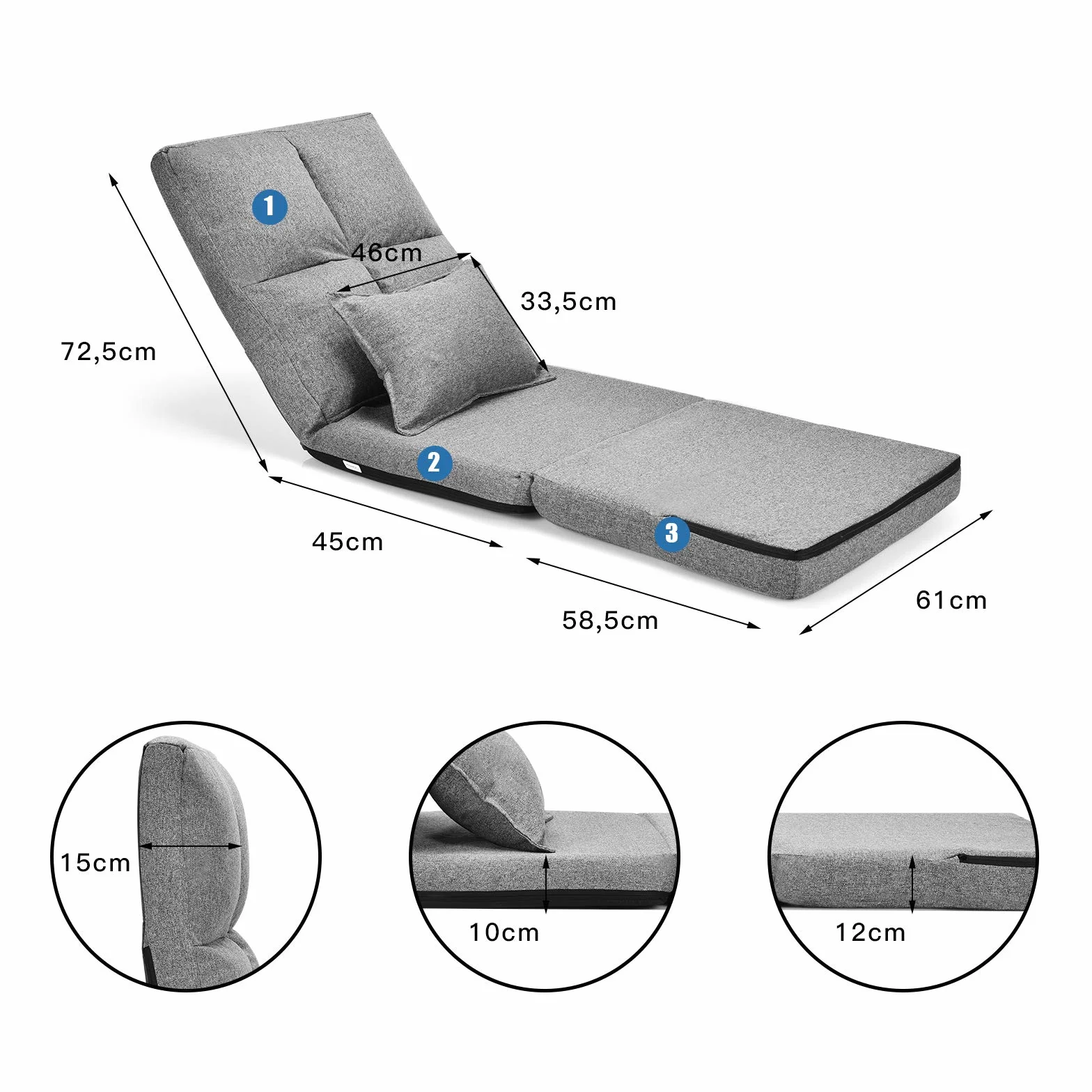 GOPLUS Krzesło podłogowe z regulacją oparcia i poduszkami, sofa podłogowa z funkcją spania, 100 kg, szary