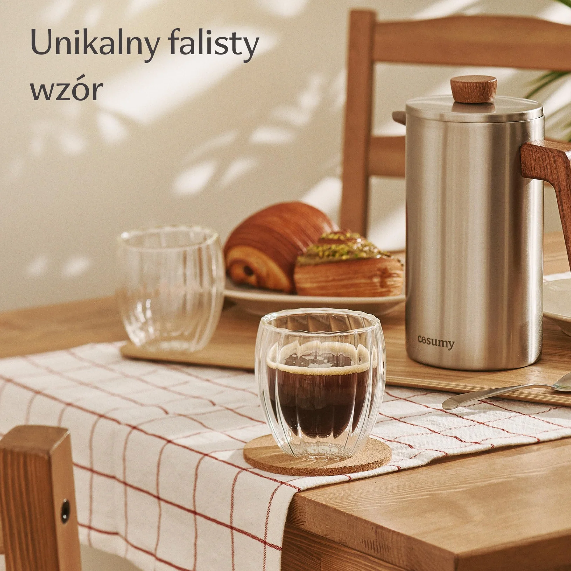 Cosumy Filiżanki do Cappuccino Szklane Dwuścienne 230ml - 4szt - Efekt pływający izolujący ciepło - Żłobkowana konstrukcja - Odporne na ciepło - Można myć w zmywarce (Cappuccino)