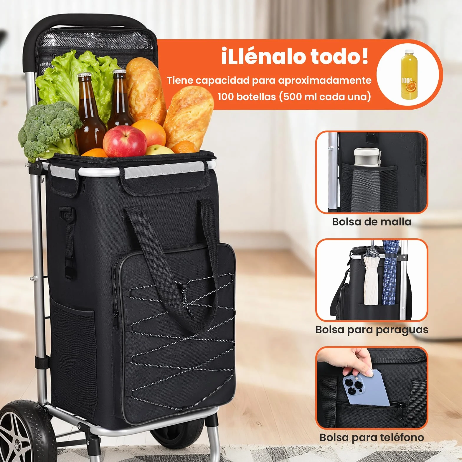 YEAUPE PRO Wózek na zakupy 3 w 1 z komorą chłodzącą, 50 l wózek na zakupy ze zdejmowaną torbą, maks. obciążenie 25 kg, w zestawie kieszenie boczne i otwieracz do butelek (czarny)
