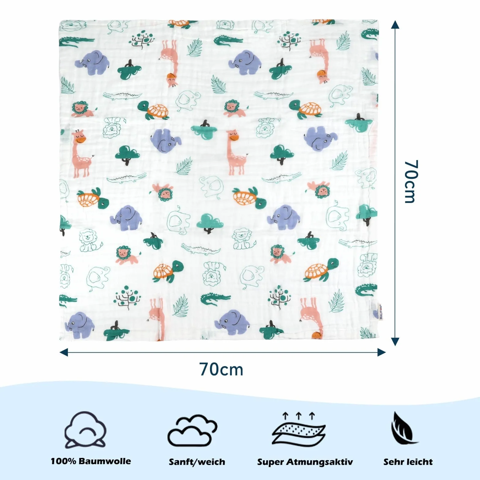 Maliton Baby Muslins Cotton, 6 Sztuk 70 * 70 cm Pieluchy Muslinowe, 6 Warstw Absorpcji Wody i Miękkości Szyfonu dla Niemowląt, Pieluszki Burp Wrażliwej Skóry Noworodków