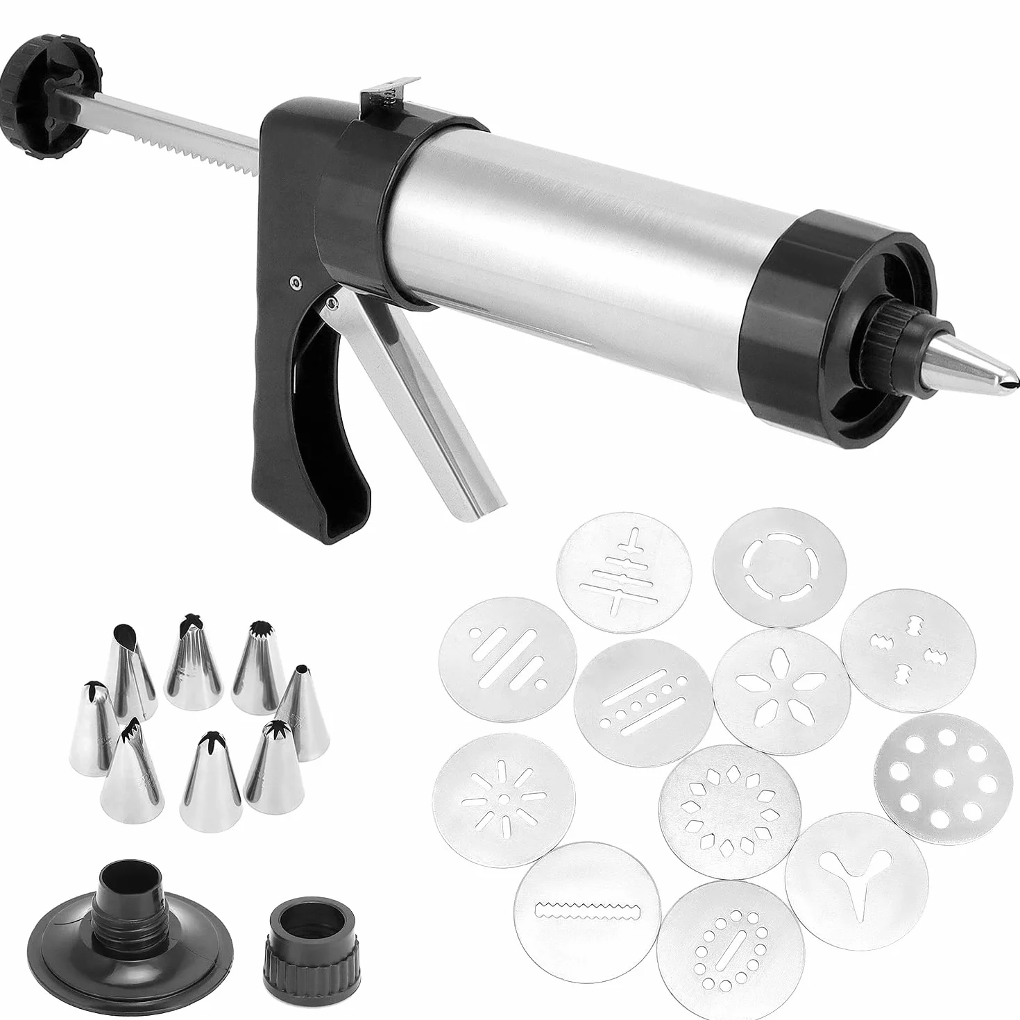 QWORK® Prasa do ciastek ze stali nierdzewnej, zestaw do robienia ciastek z 8 dyszami i 13 szablonami do ciastek, pistolet do wyciskania ciastek dla entuzjastów pieczenia