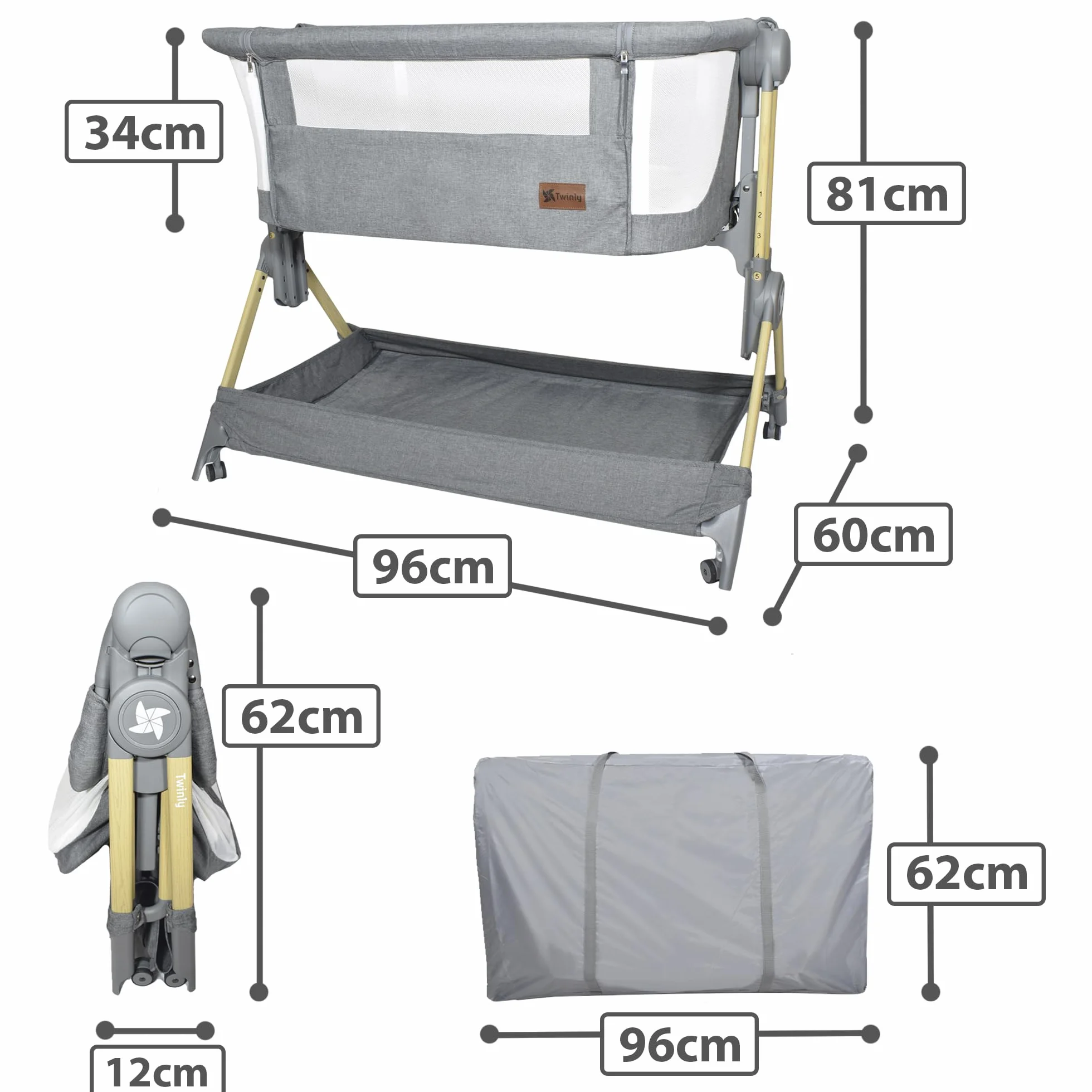 Twinly Comfortly 2 w 1 łóżeczko dziecięce i łóżeczko dziecięce z kółkami, składane mini łóżeczko podróżne, bez mocowania, regulowana wysokość i funkcja przeciwodblaskowa, w zestawie materac