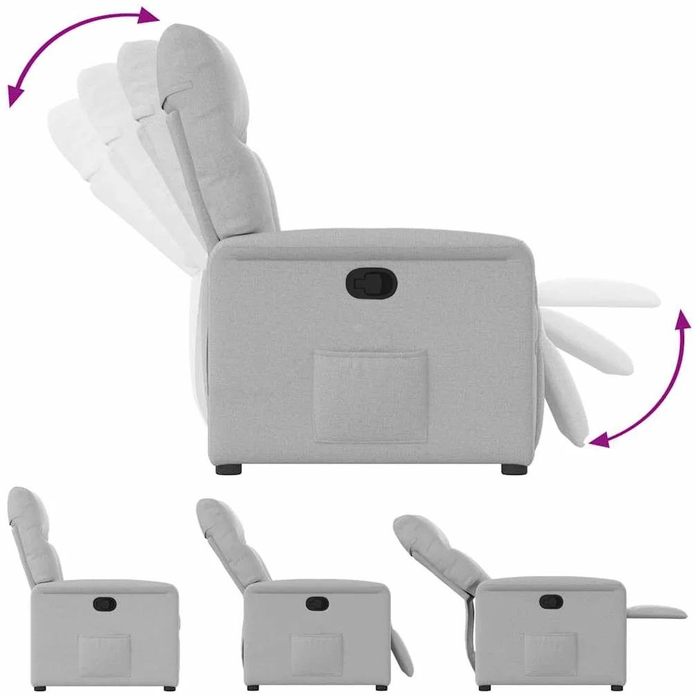 Fotel relaksacyjny w kolorze szarego materiału z ręczną funkcją leżenia, ergonomiczny, wygodny, z drewnianą ramą metalową, do salonu, biura, do czytania i wypoczynku
