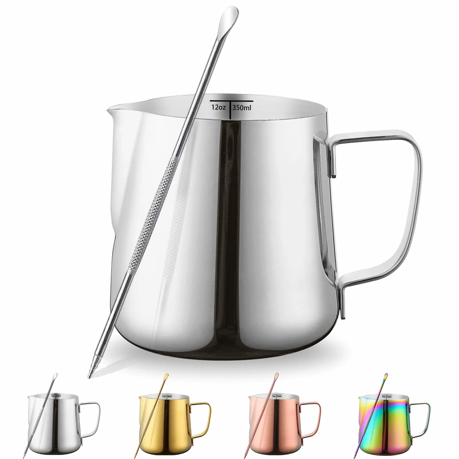 Dzbanek do spieniania mleka 12oz - 350ml, Kyraton Dzbanki do gotowania na parze ze stali nierdzewnej z dekorowaniem pióra, kubki do kawy mlecznej Cappuccino Latte Art Barista Dzbany parowe Dzbanek na mleko (srebrny)