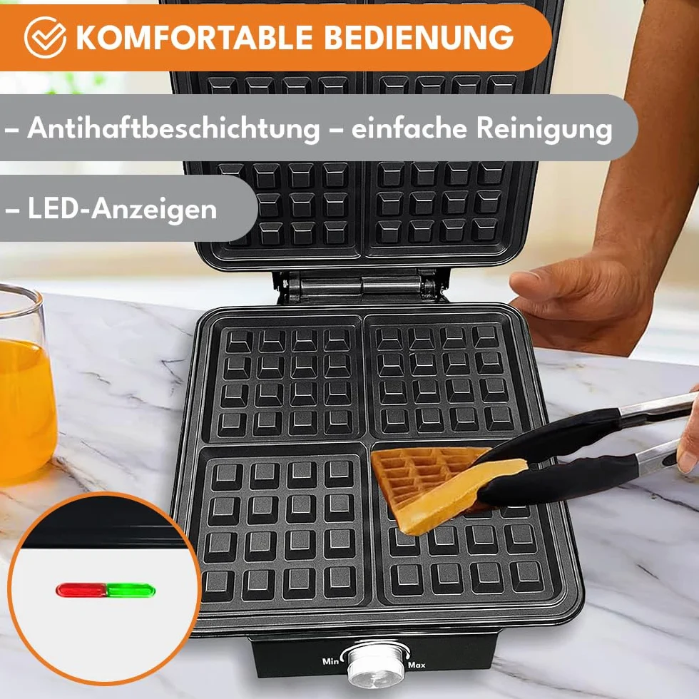 KRUMAD Gofrownica 2000W – Poczwórny opiekacz do gofrów z powłoką nieprzywierającą, regulacją temperatury i lampkami kontrolnymi – Kompaktowy sprzęt kuchenny do chrupiących gofrów