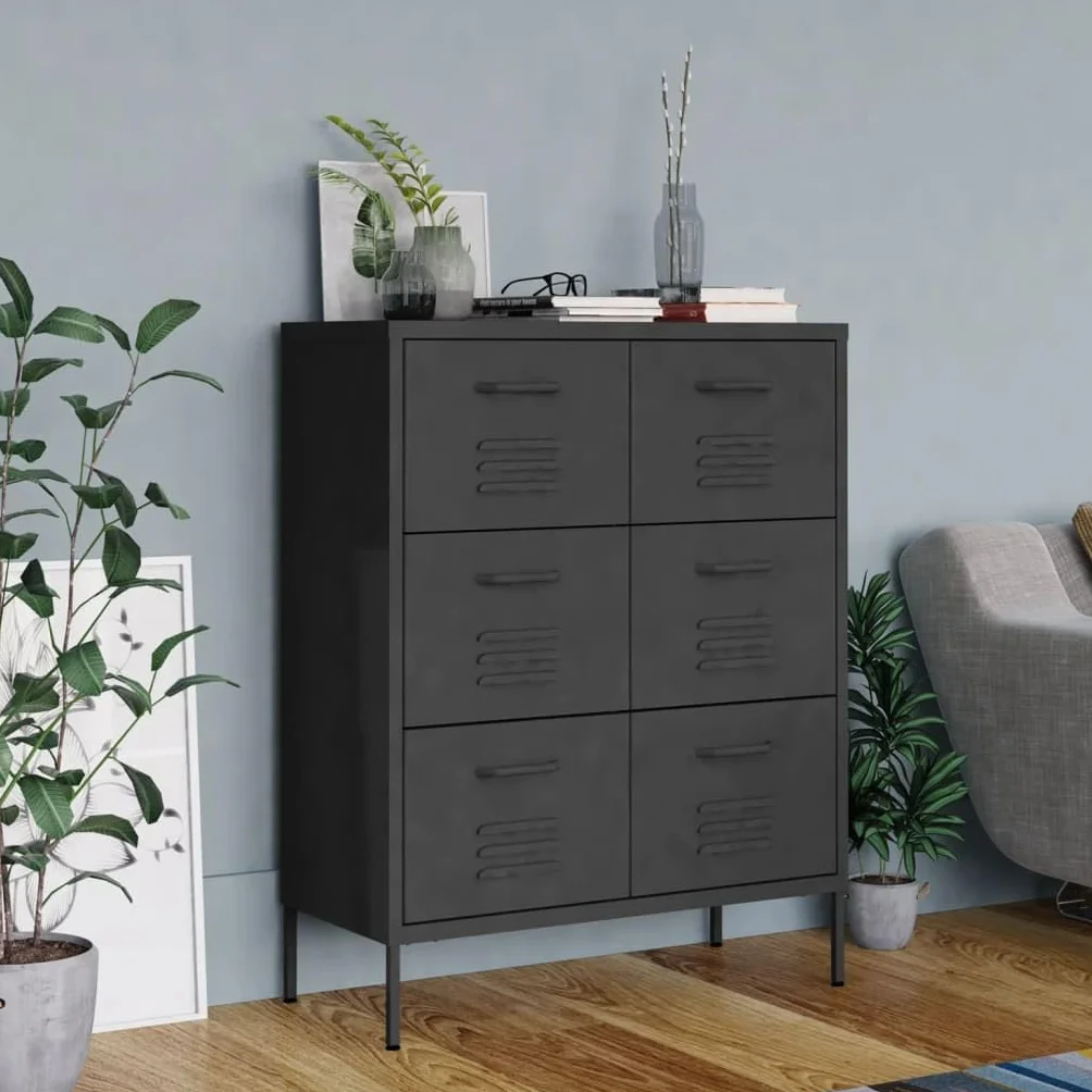 Antracyt stalowa komoda z 6 szufladami, 80 x 35 x 101,5 cm, szafka do przechowywania i biura, prowadnice kulkowe, pełne wyciąganie, stabilna i wytrzymała, nośność 20