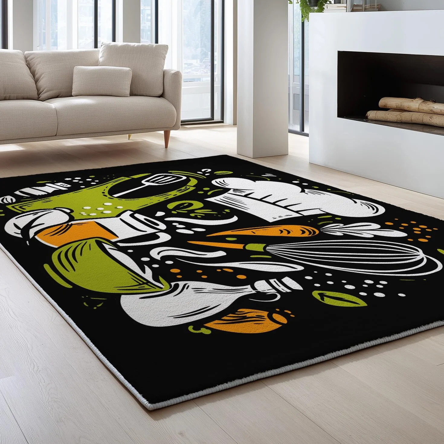 Générique Dywan do salonu, sypialni - 60 x 120 cm, dywan z mikrofibry z krótkim włosiem, miękki i wygodny, antypoślizgowy, można prać w pralce, czarny, przybory kuchenne z motywem kreskówek