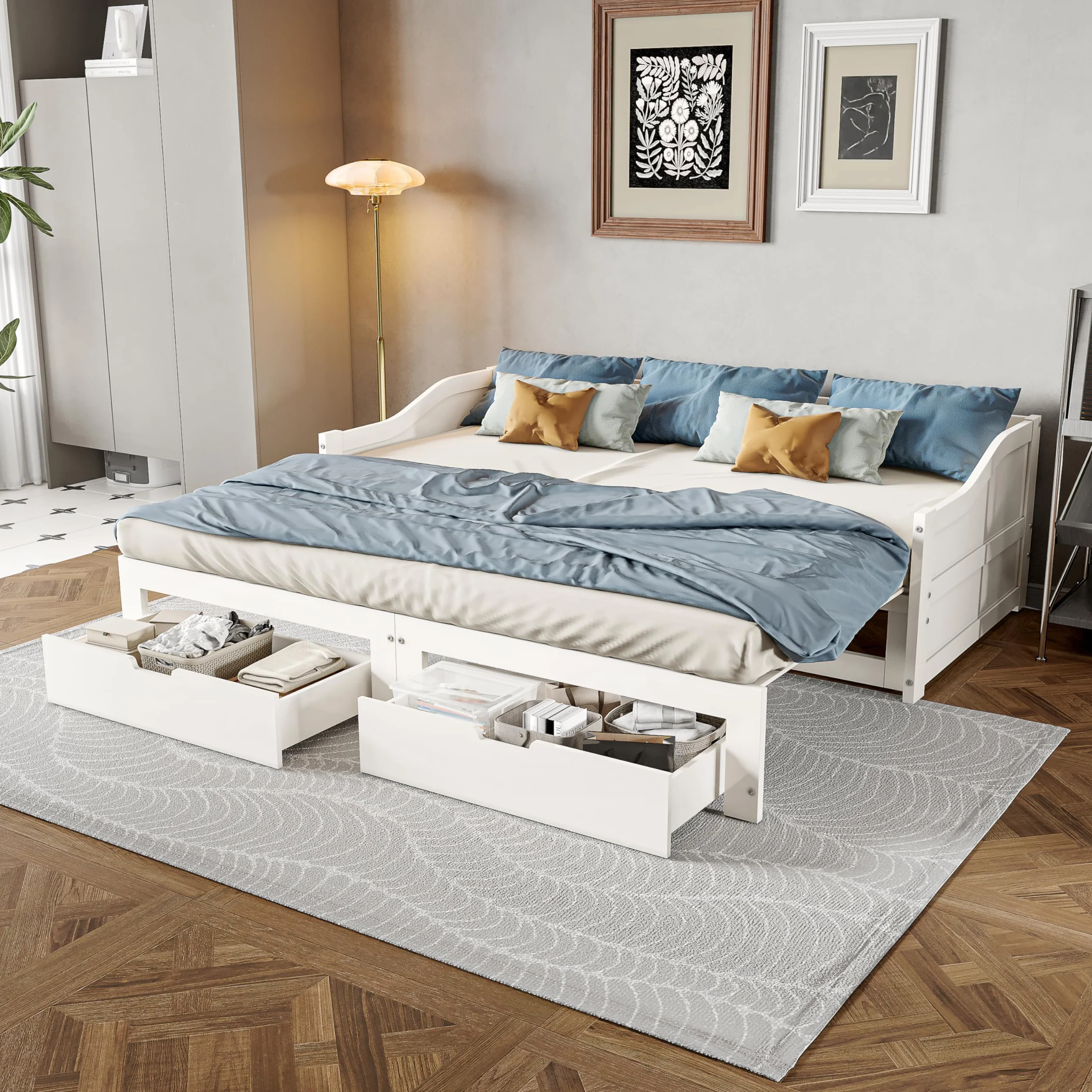 Sofa rozkładana 90/180 x 200 cm z litego drewna, składane łóżko z 2 szufladami, balustrada i podłokietniki, bez poduszek, idealna do pokoju dziecięcego lub salonu (lite drewno)