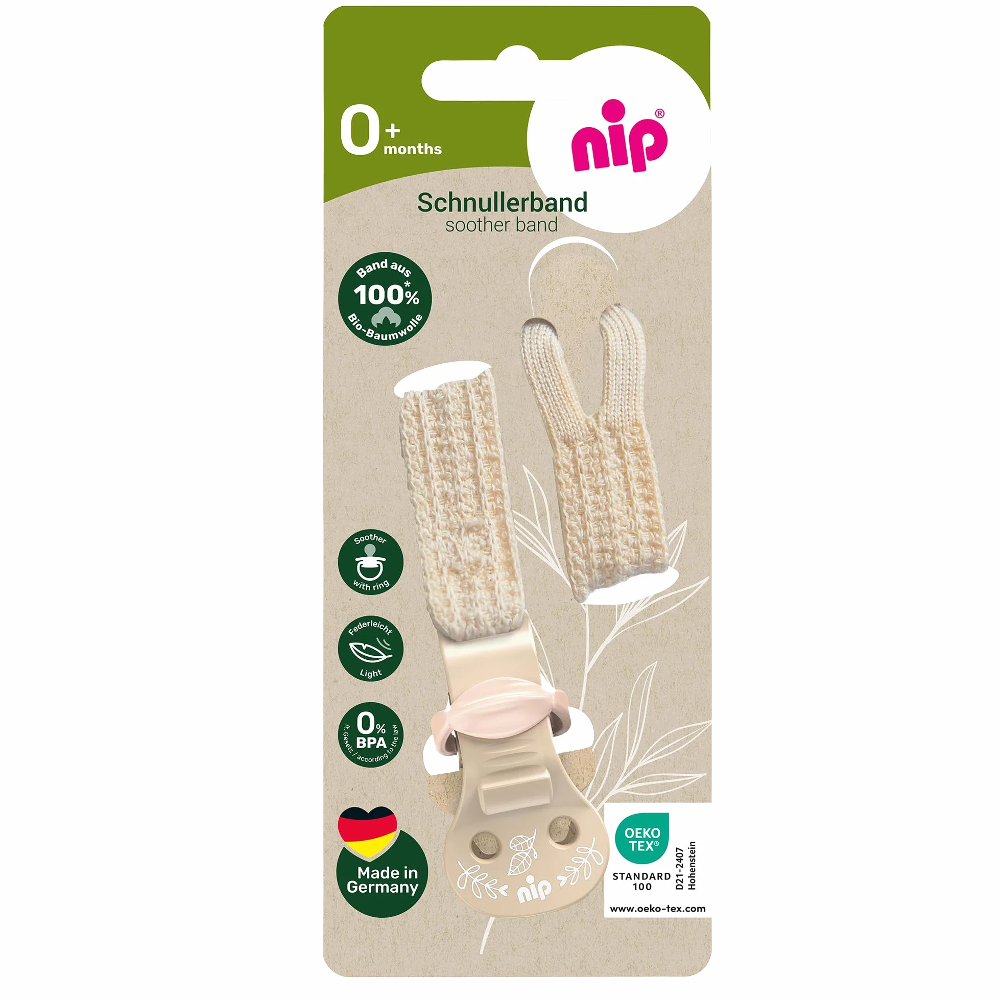 nip Stay Green Pasek do smoczka w 100% z bawełny ekologicznej, wyprodukowano w Niemczech, do smoczków z pierścieniem, stopniowa regulacja, chroni ubrania, kolor: brązowy